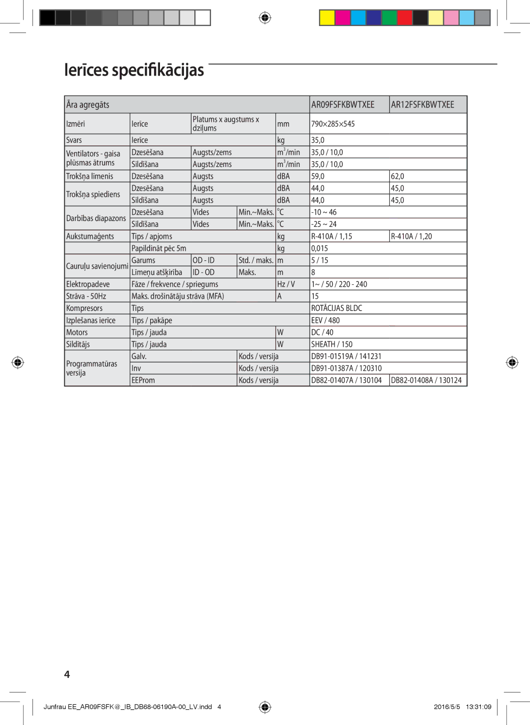 Samsung AR09FSFKBWTNEE Izmēri Ierīce, 790×285×545 Dziļums Svars Ierīce 35,0, M3/min 35,0 / 10,0 Plūsmas ātrums Sildīšana 