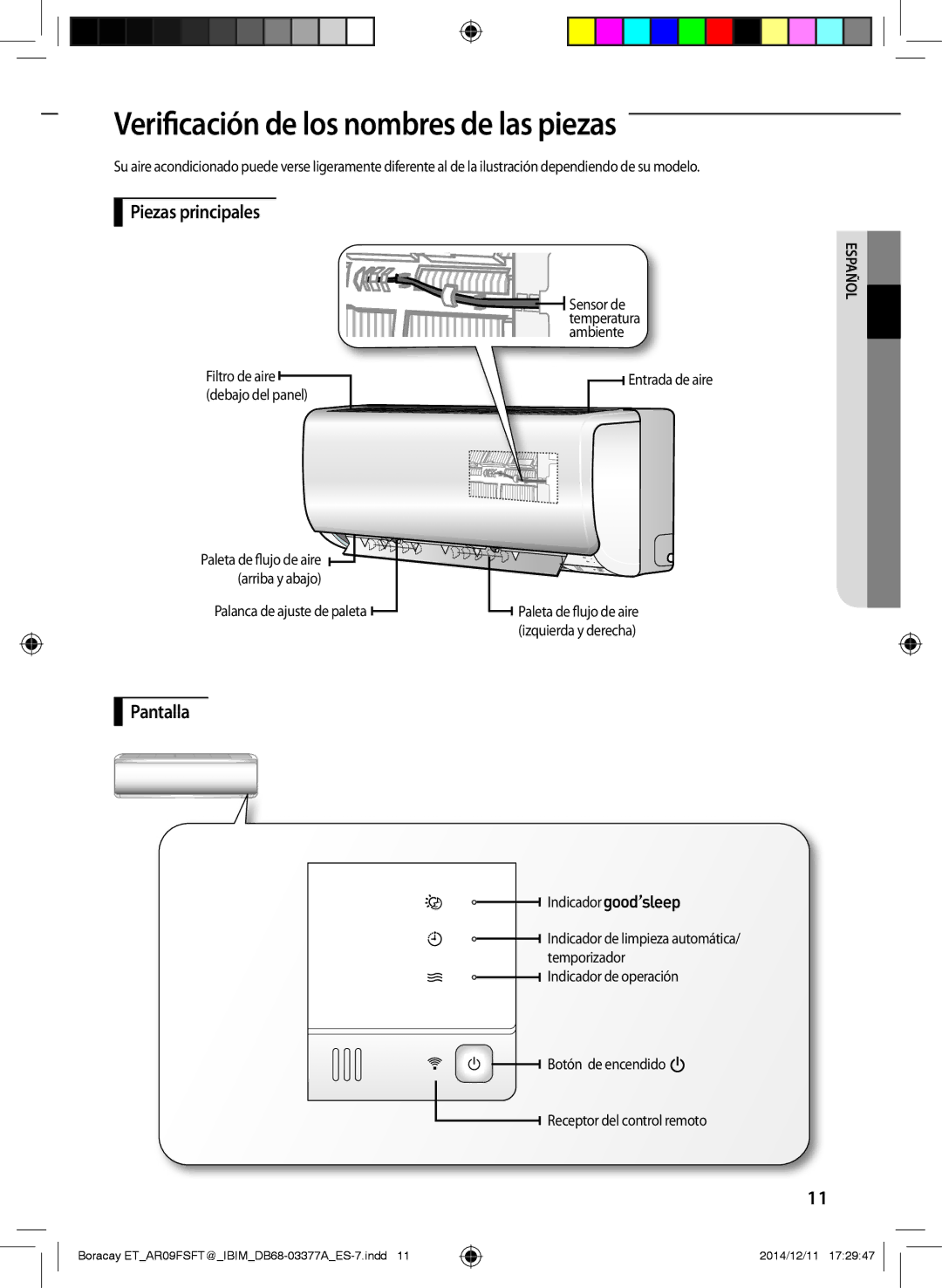 Samsung AR09FSFTJWQNET, AR09FSFTKWQNET manual Verificación de los nombres de las piezas, Piezas principales, Pantalla 