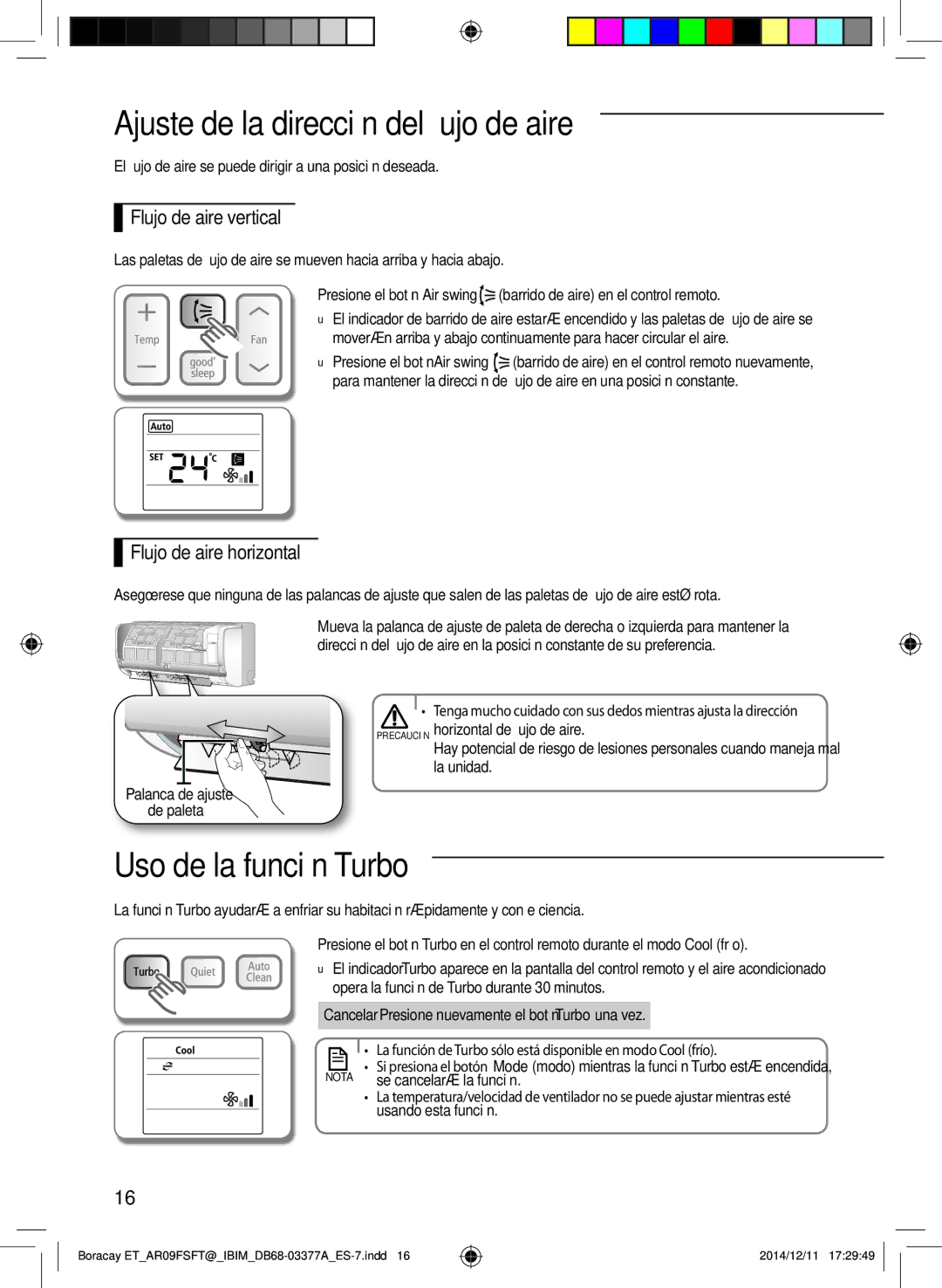 Samsung AR12FSFTJWQNET manual Ajuste de la dirección del flujo de aire, Uso de la función Turbo, Flujo de aire vertical 