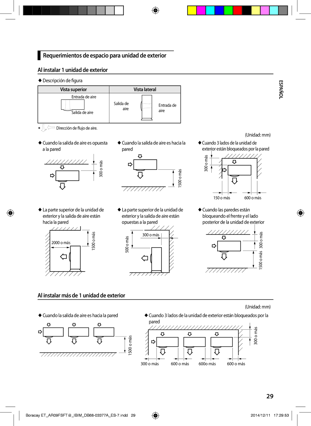 Samsung AR09FSFTJWQNET Al instalar más de 1 unidad de exterior,  Descripción de figura, Vista superior Vista lateral 