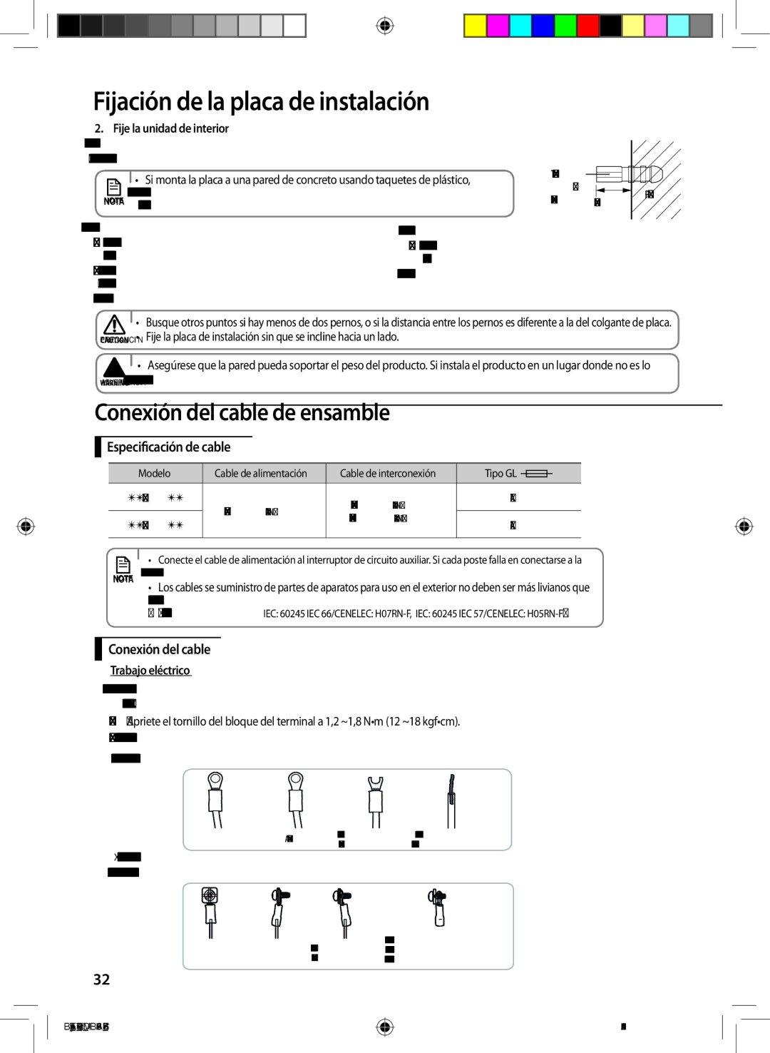 Samsung AR09FSFTJWQNET, AR09FSFTKWQNET, AR12FSFTJWQNET manual Fije la unidad de interior, Trabajo eléctrico 