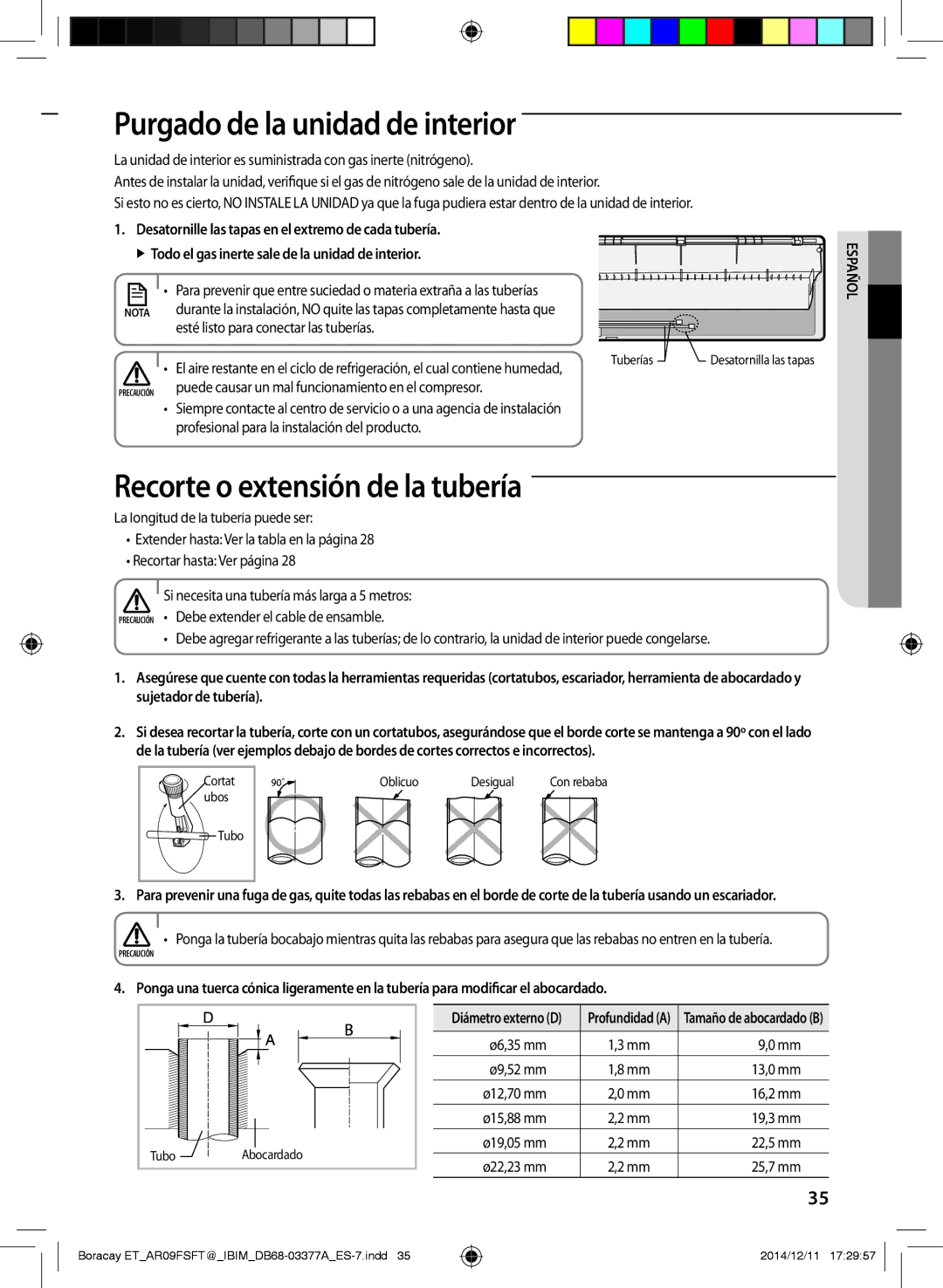 Samsung AR09FSFTJWQNET, AR09FSFTKWQNET, AR12FSFTJWQNET Purgado de la unidad de interior, Recorte o extensión de la tubería 