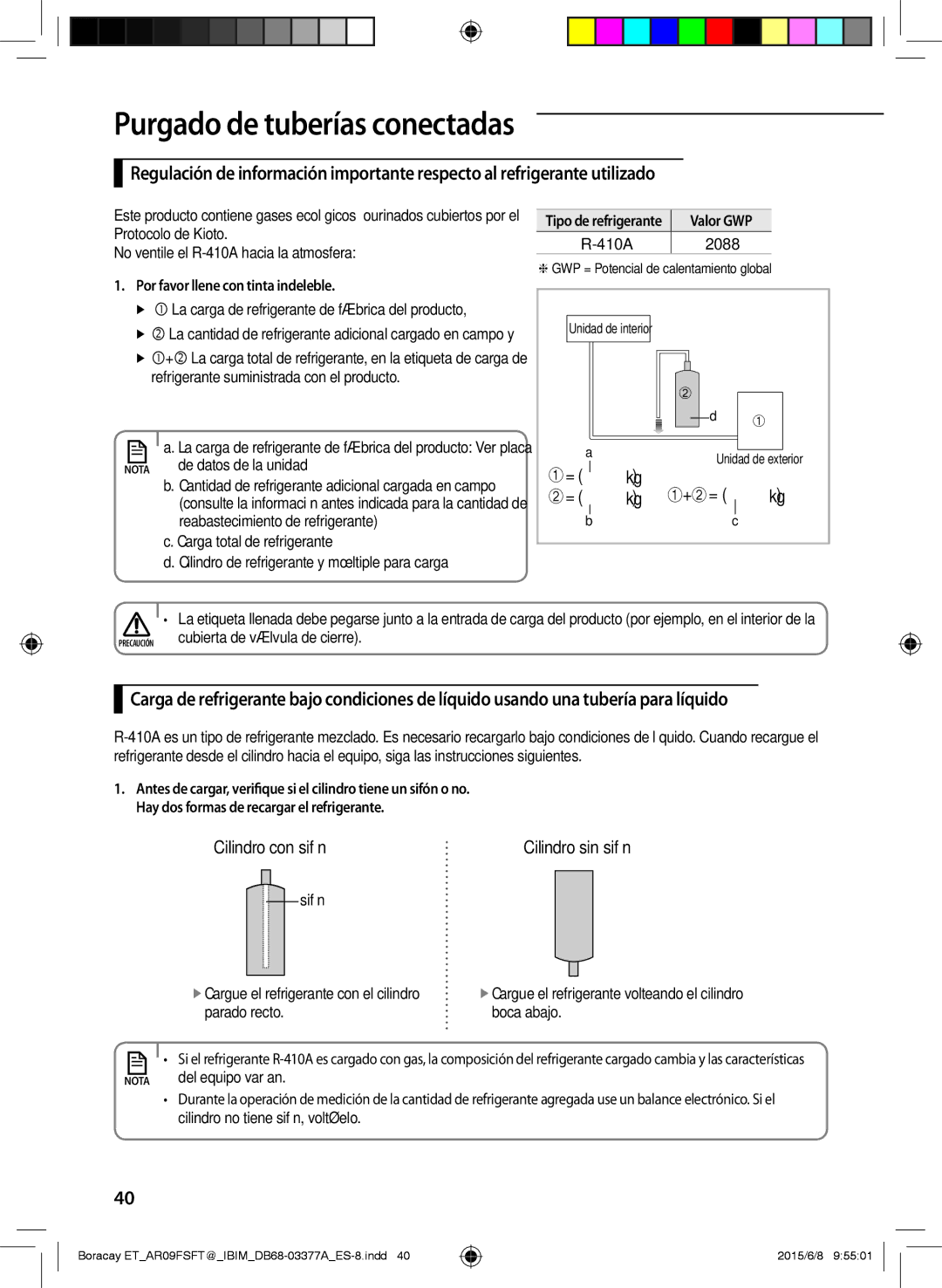 Samsung AR12FSFTJWQNET Por favor llene con tinta indeleble,  La carga de refrigerante de fábrica del producto, 2088 