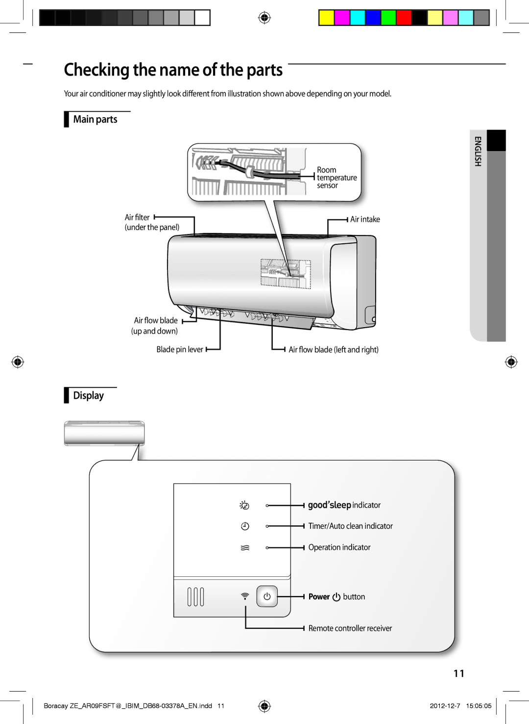 Samsung AR12FSFTKWQNZE, AR09FSFTKWQNET, AR12FSFTKWQNET Checking the name of the parts, Main parts, Display, Power button 