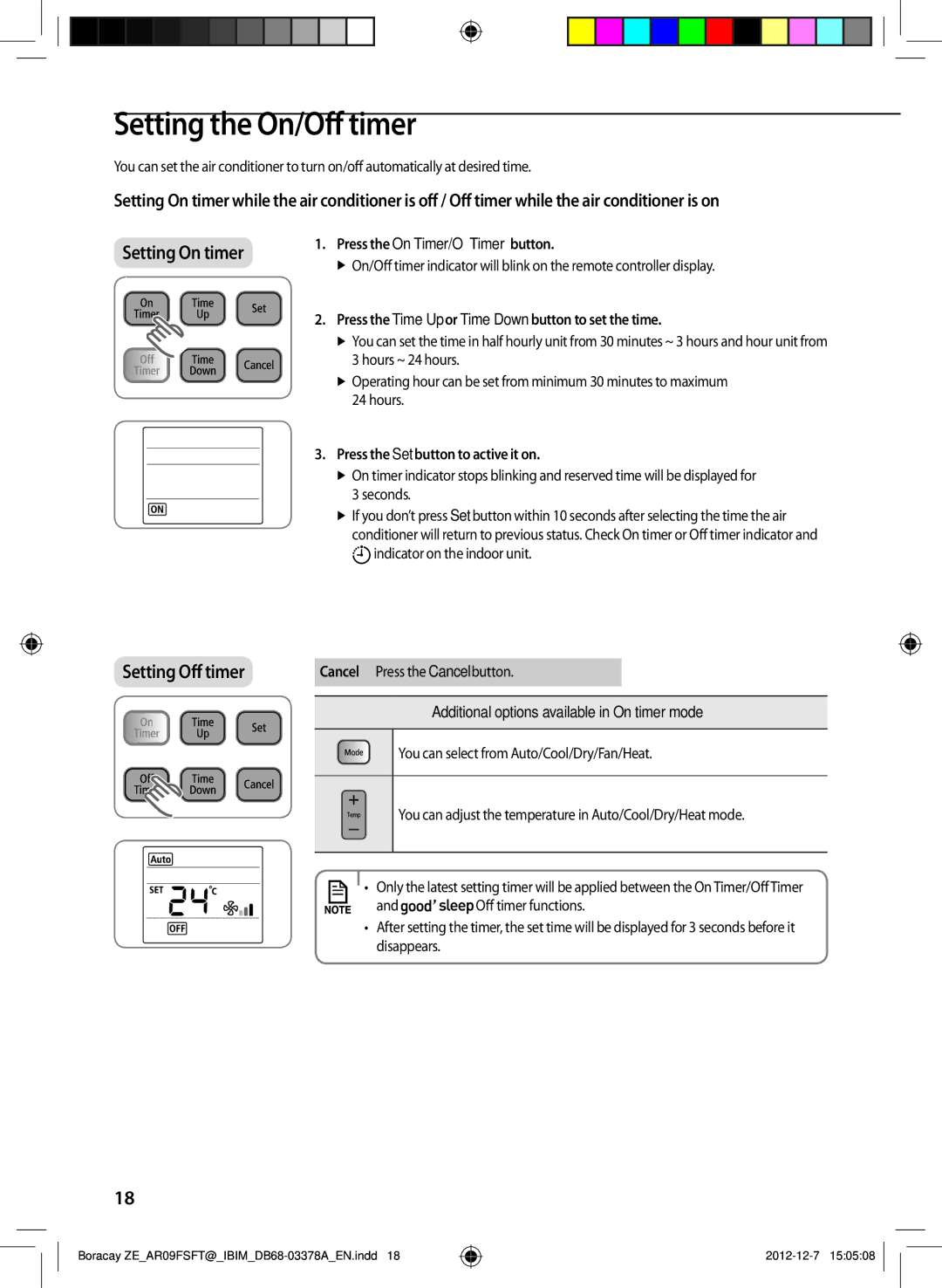 Samsung AR09FSFTKWQNZE manual Setting the On/Off timer, Press the On Timer/Off Timer button, Cancel Press the Cancel button 