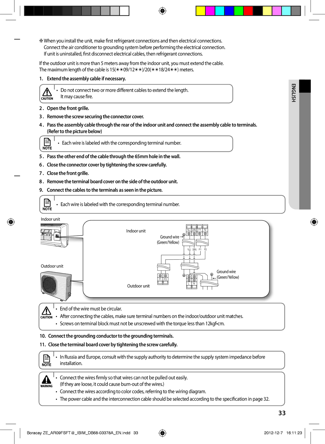 Samsung AR12FSFTKWQNET Extend the assembly cable if necessary, Each wire is labeled with the corresponding terminal number 