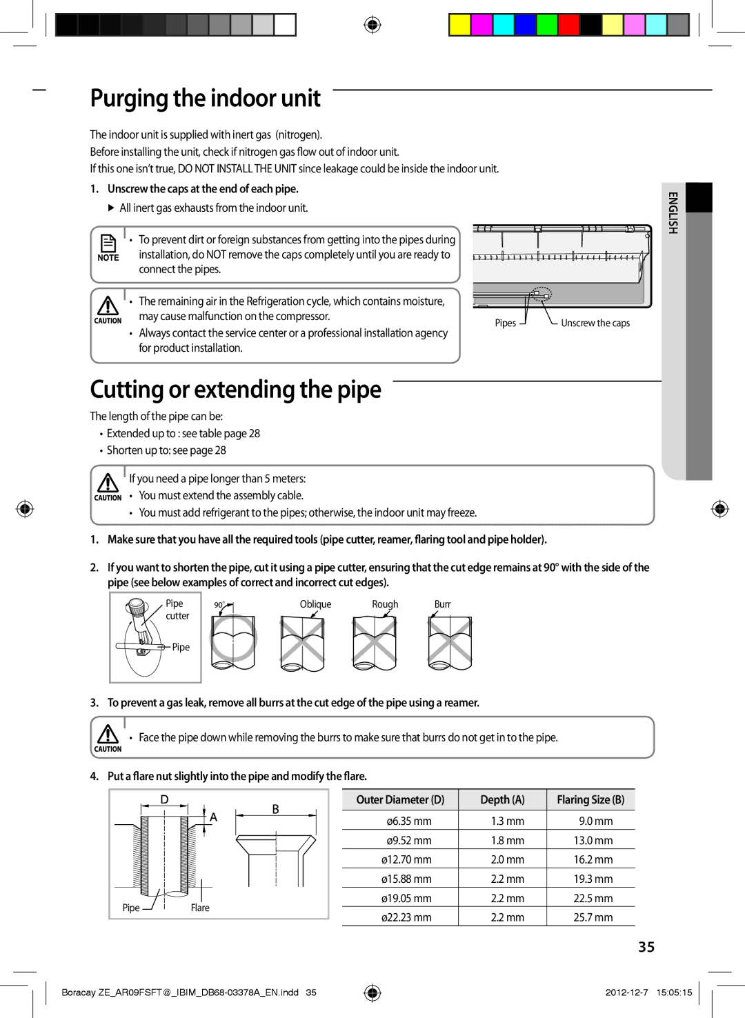 Samsung AR12FSFTKWQNZE Purging the indoor unit, Cutting or extending the pipe, Unscrew the caps at the end of each pipe 