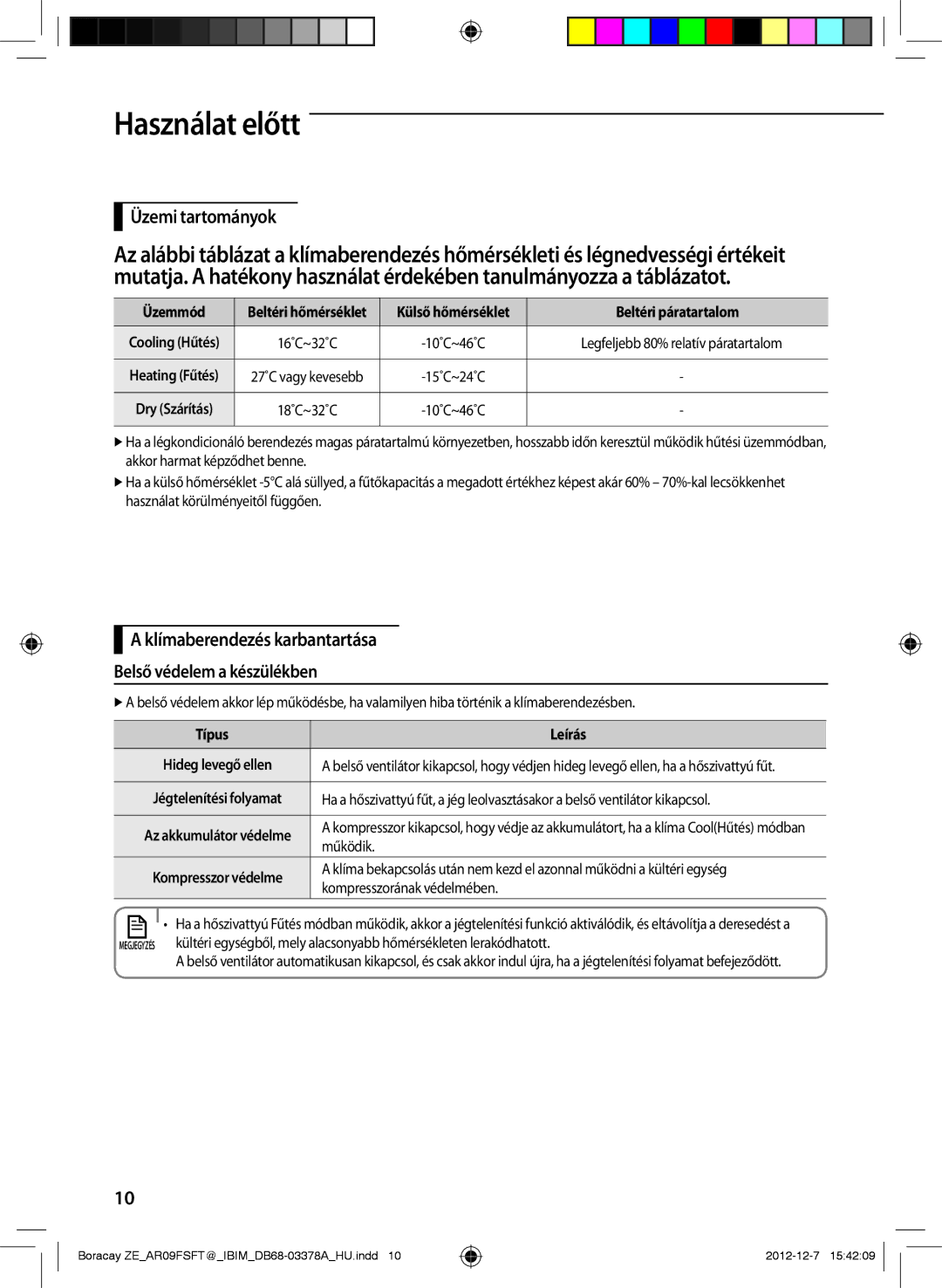 Samsung AR09FSFTKWQNZE manual Használat előtt, Üzemi tartományok, Klímaberendezés karbantartása Belső védelem a készülékben 