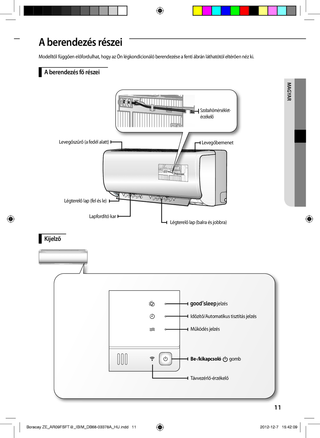 Samsung AR12FSFTKWQNZE, AR09FSFTKWQNET manual Berendezés részei, Berendezés fő részei, Kijelző, Be-/kikapcsoló gomb 