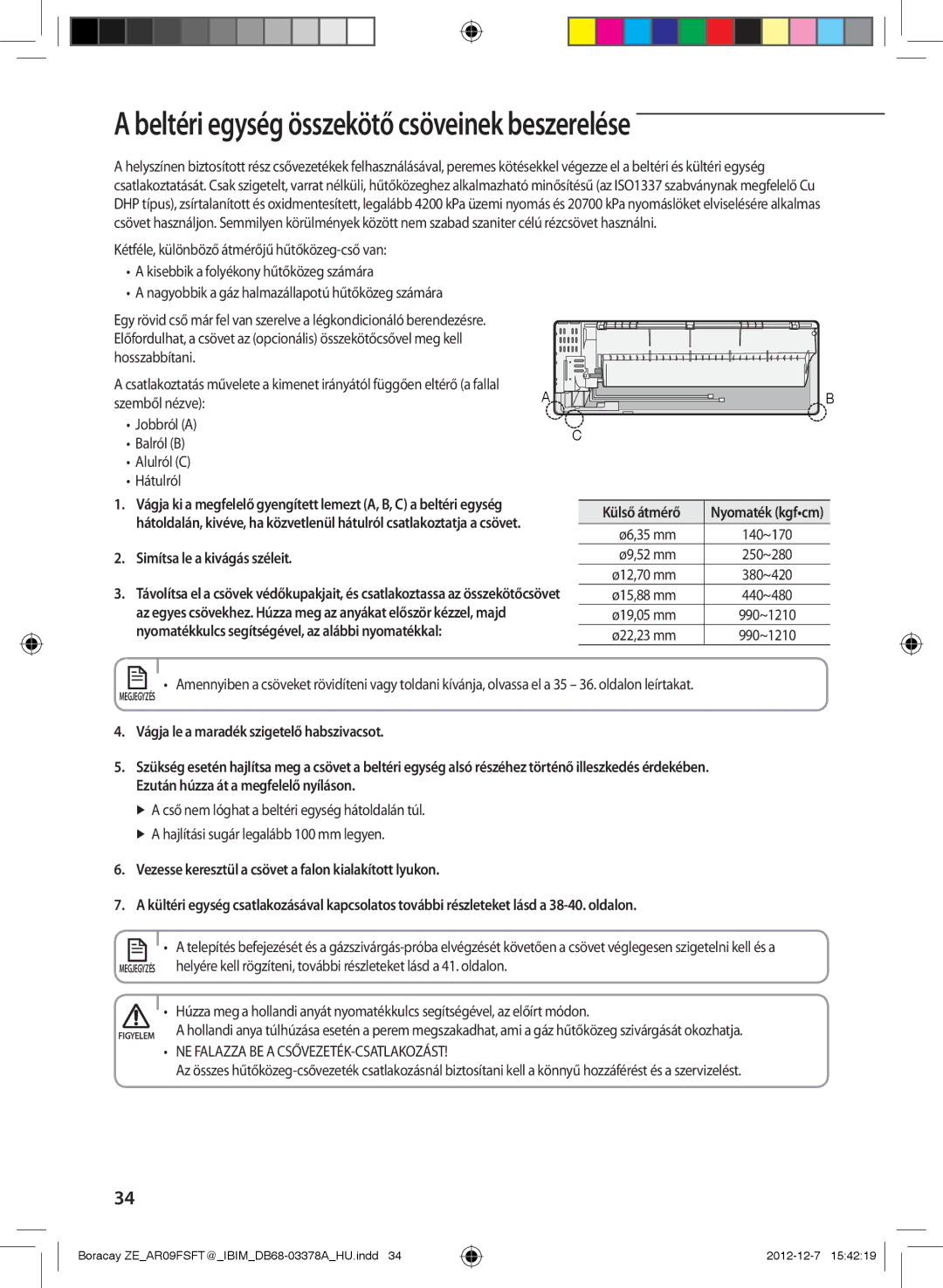 Samsung AR09FSFTKWQNZE, AR09FSFTKWQNET manual Beltéri egység összekötő csöveinek beszerelése, Simítsa le a kivágás széleit 