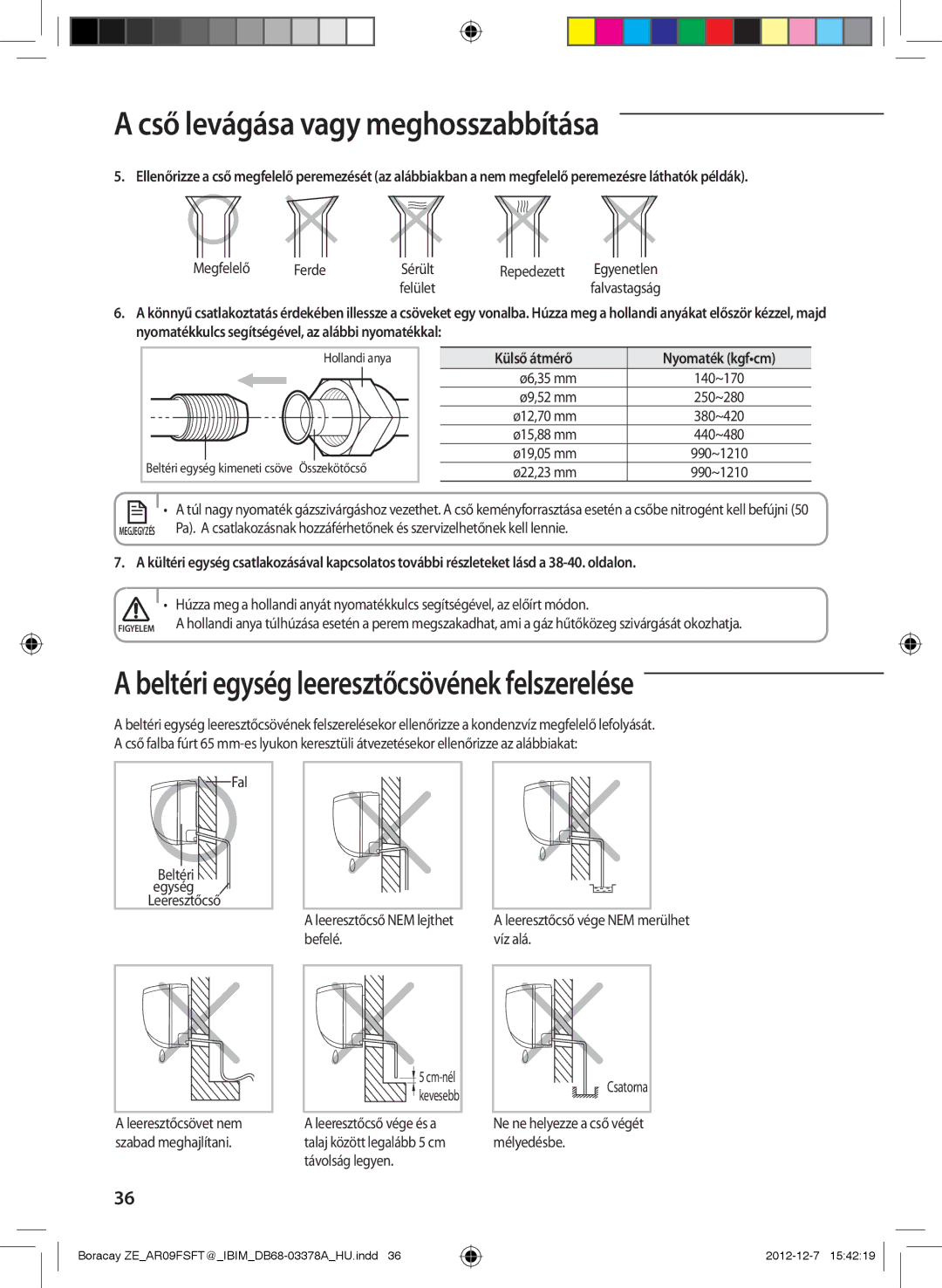 Samsung AR09FSFTKWQNET, AR12FSFTKWQNET, AR09FSFTKWQNZE manual Beltéri egység leeresztőcsövének felszerelése, Külső átmérő 