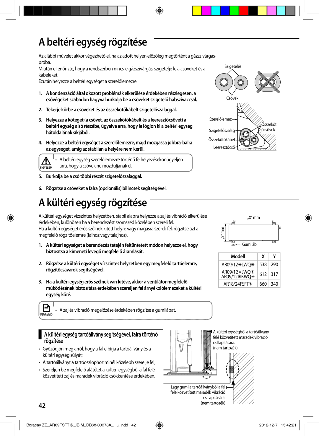 Samsung AR09FSFTKWQNZE manual Beltéri egység rögzítése, Kültéri egység rögzítése, Arra, hogy a csövek ne mozduljanak el 