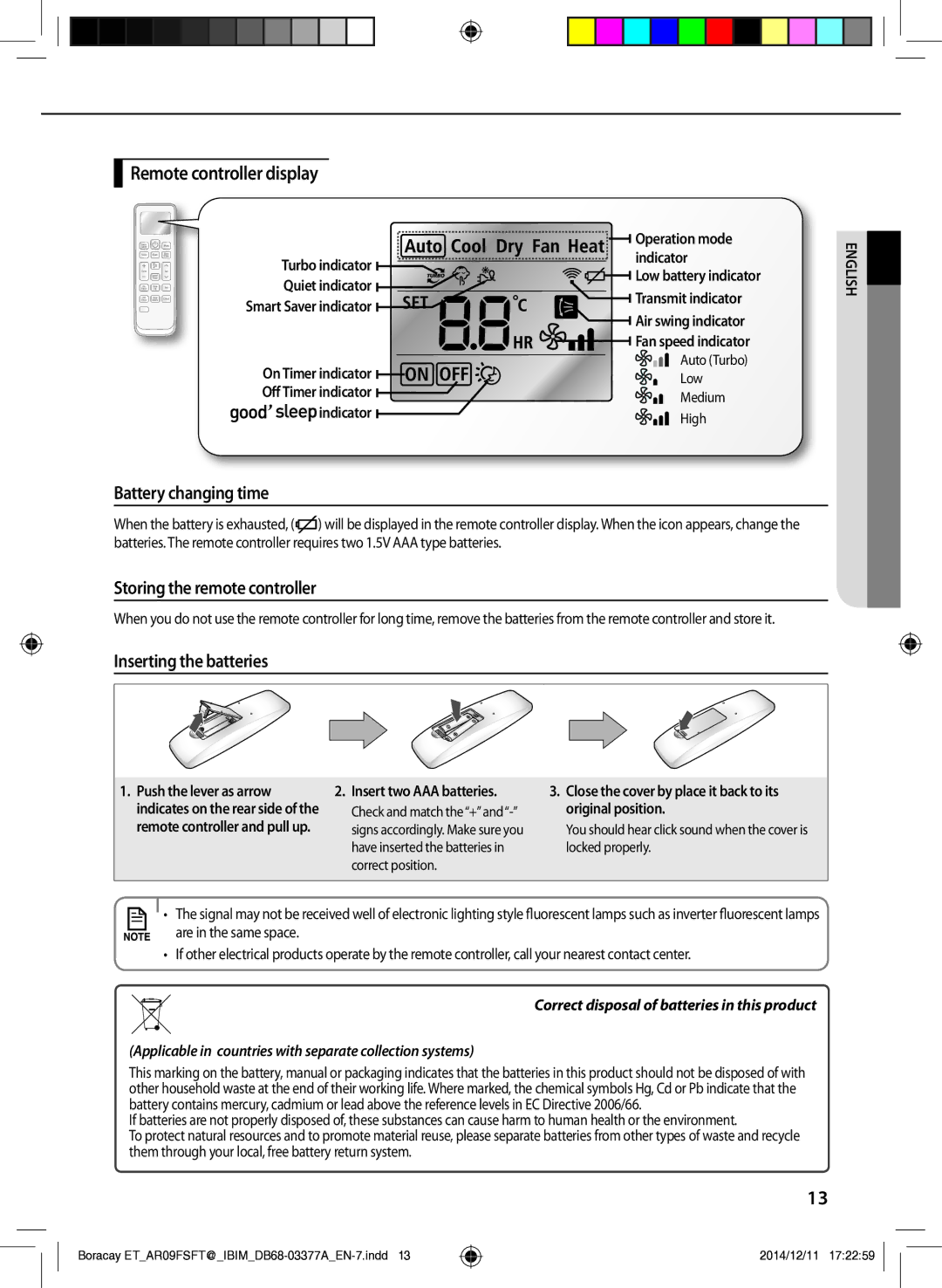 Samsung AR12HSFTKWQNET, AR09FSFTKWQNET Remote controller display, Battery changing time, Storing the remote controller 