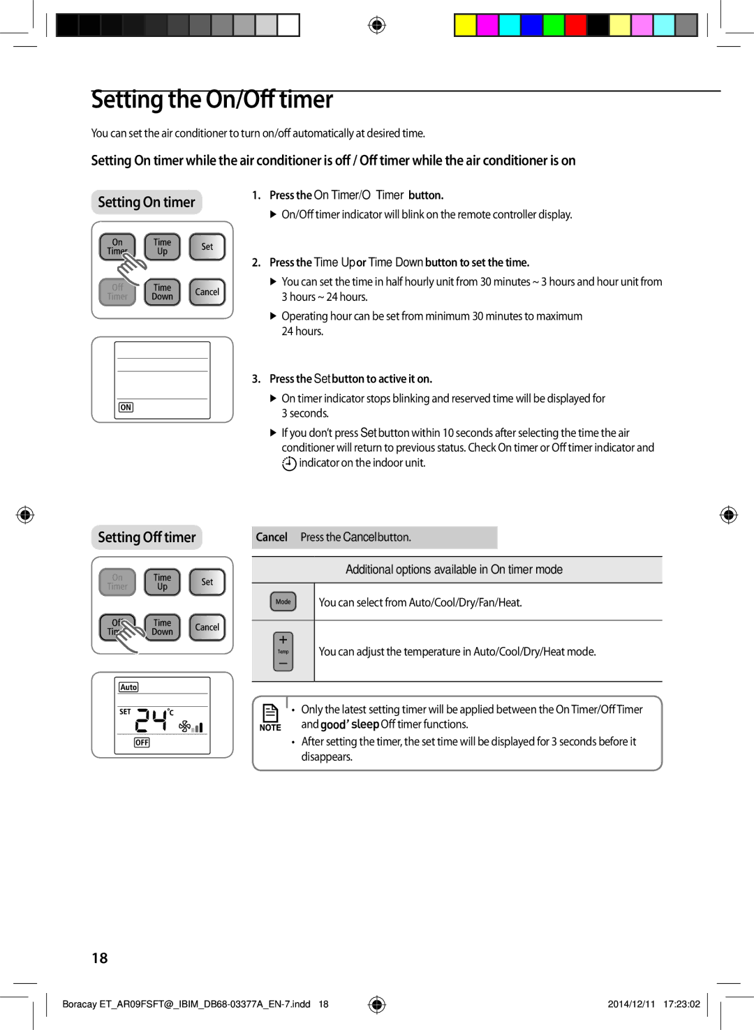 Samsung AR12FSFTJWQNET manual Setting the On/Off timer, Press the On Timer/Off Timer button, Cancel Press the Cancel button 