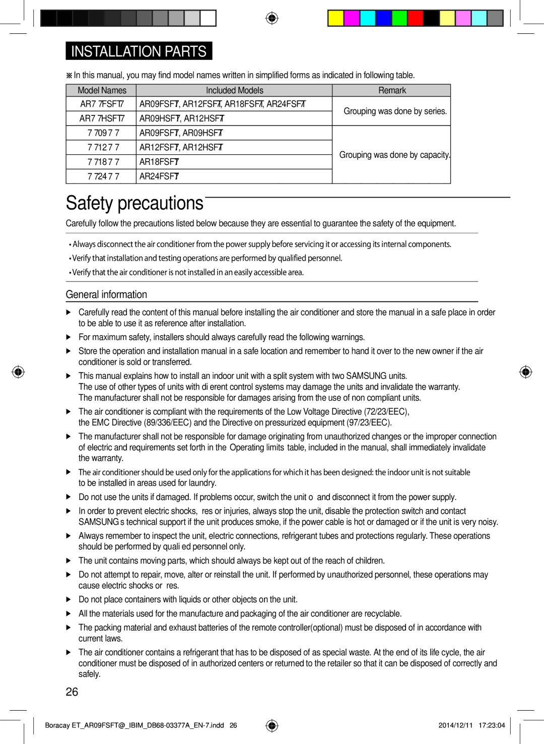 Samsung AR12FSFTJWQNET, AR09FSFTKWQNET, AR12FSFTKWQNET, AR09FSFTJWQNET manual General information, Included Models Remark 