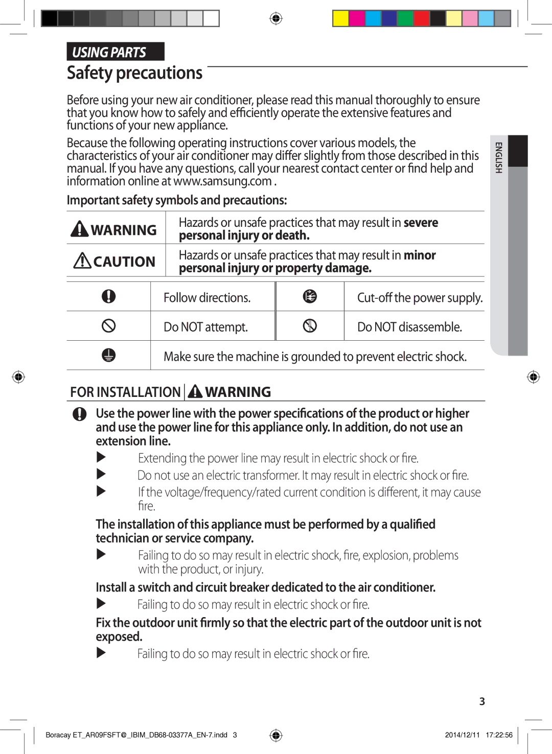 Samsung AR09FSFTJWQNET manual Safety precautions, Important safety symbols and precautions, Personal injury or death 