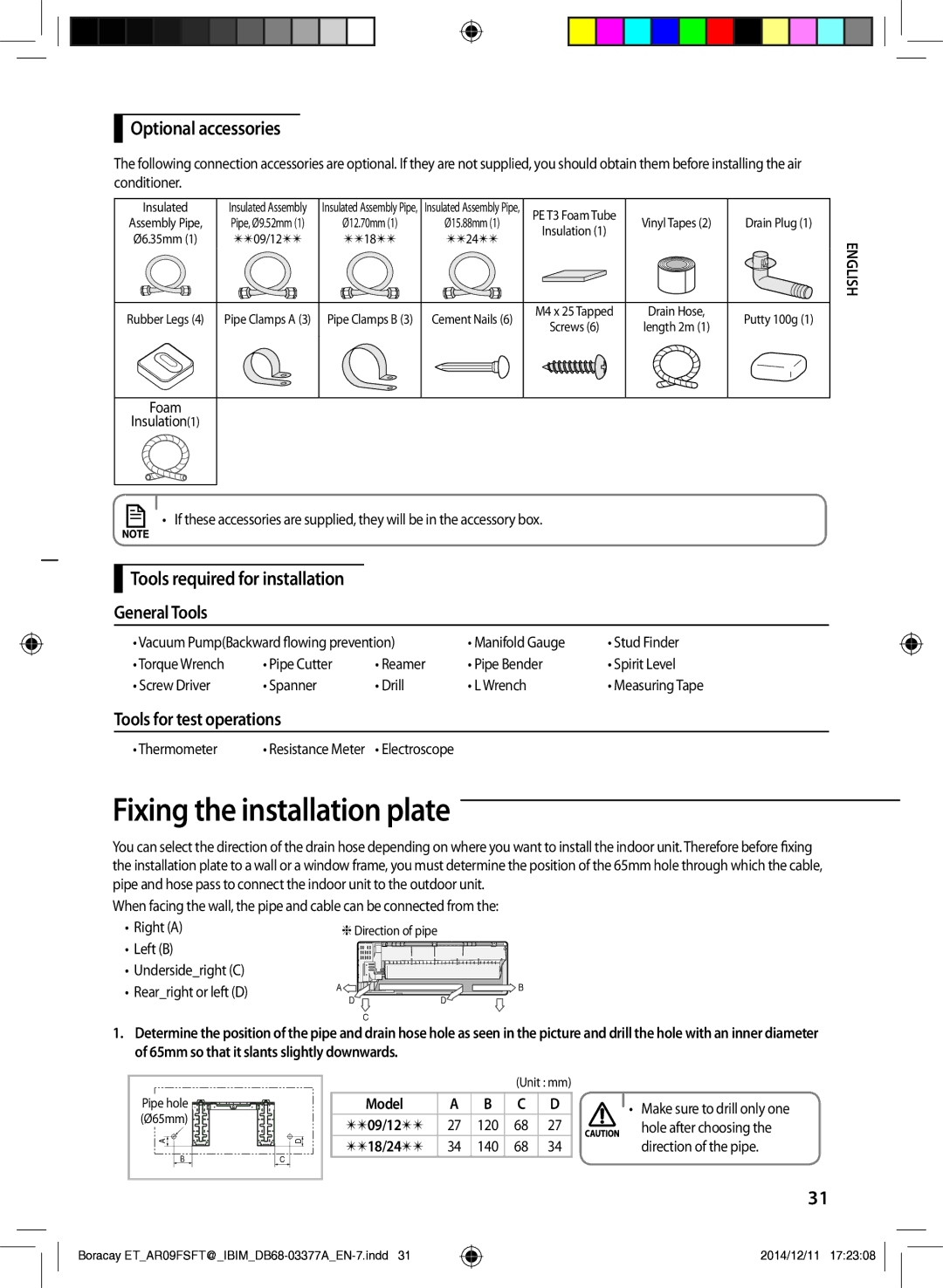 Samsung AR12FSFTKWQNZE Fixing the installation plate, Optional accessories, Tools required for installation General Tools 