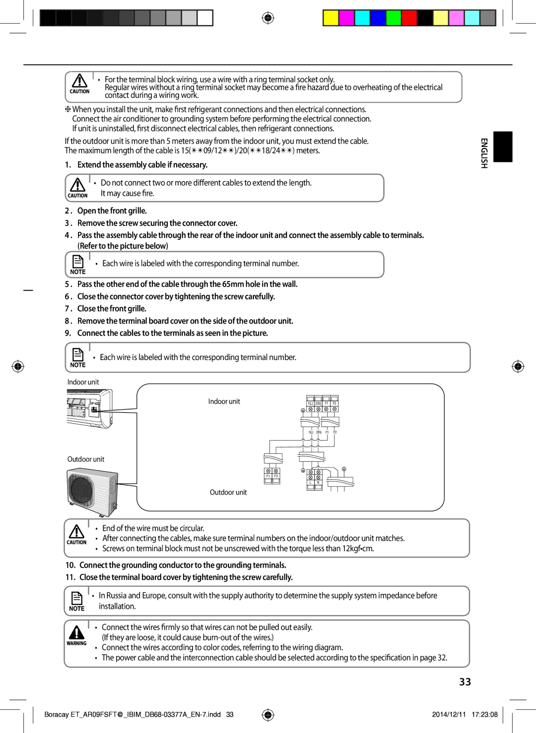 Samsung AR12FSFTKWQNET Extend the assembly cable if necessary, Each wire is labeled with the corresponding terminal number 