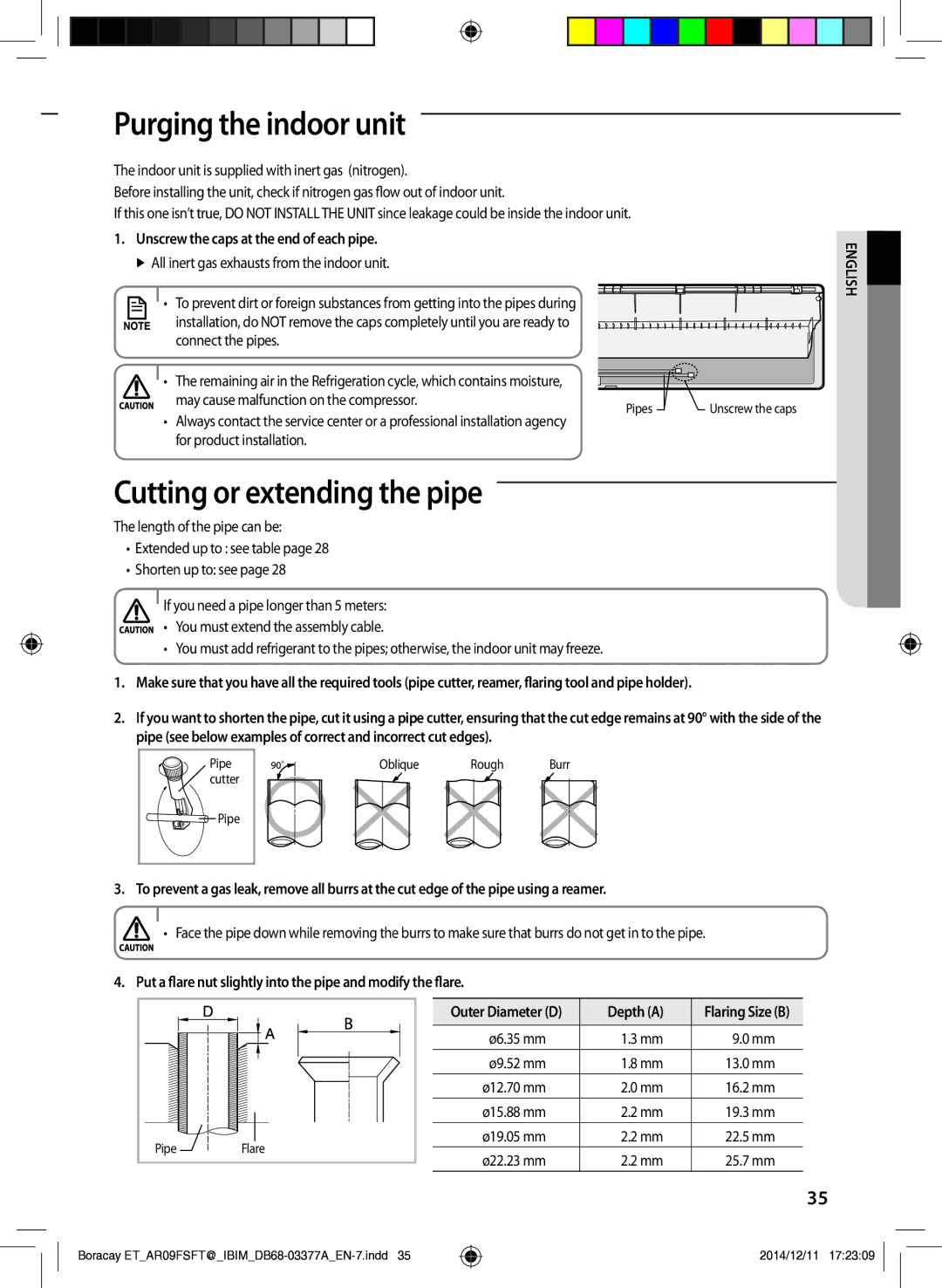 Samsung AR09FSFTJWQNET Purging the indoor unit, Cutting or extending the pipe, Unscrew the caps at the end of each pipe 