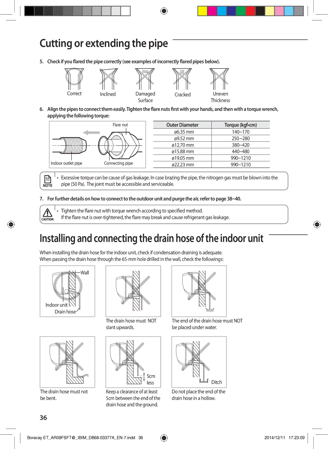 Samsung AR09HSFTKWQNET Correct Inclined, Cracked, Outer Diameter, Pipe 50 Pa. The joint must be accessible and serviceable 