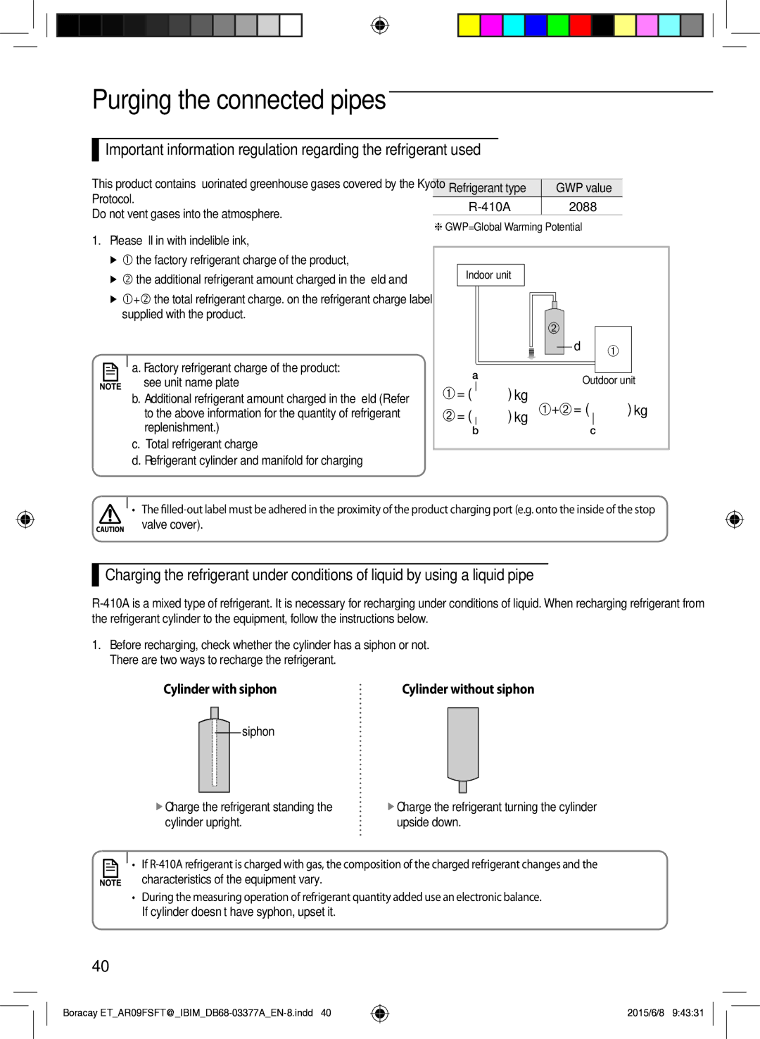 Samsung AR09FSFTKWQNET manual Please fill in with indelible ink,  the factory refrigerant charge of the product, 2088 