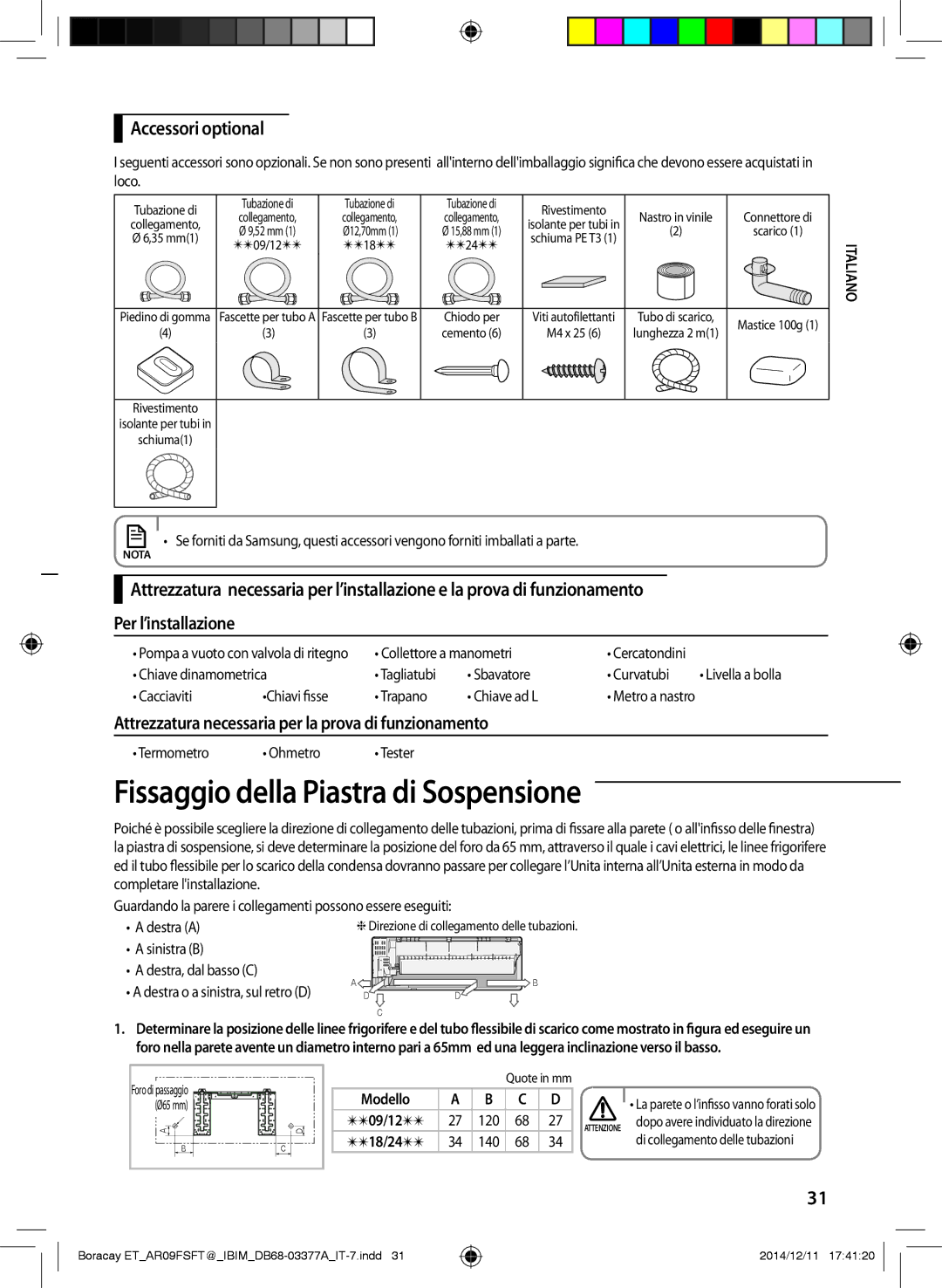 Samsung AR12FSFTKWQNET, AR09FSFTKWQNET Fissaggio della Piastra di Sospensione, Accessori optional, Collettore a manometri 