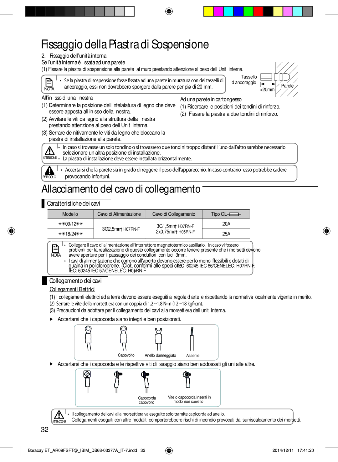 Samsung AR12FSFTJWQNET manual Allacciamento del cavo di collegamento, Ad una parete in cartongesso, Collegamenti Elettrici 