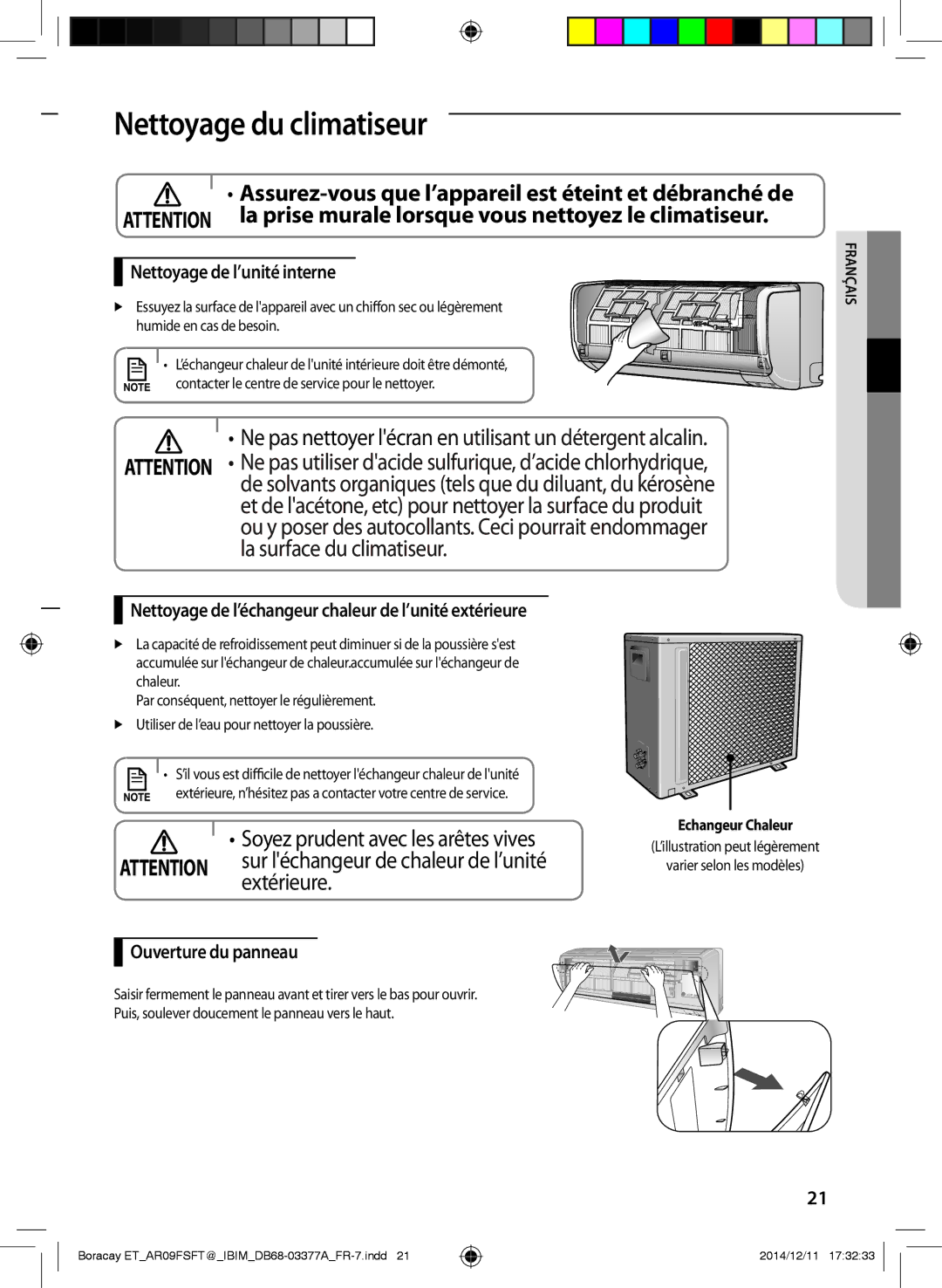 Samsung AR09FSFTKWQNET manual Nettoyage du climatiseur, Assurez-vous que l’appareil est éteint et débranché de, Extérieure 