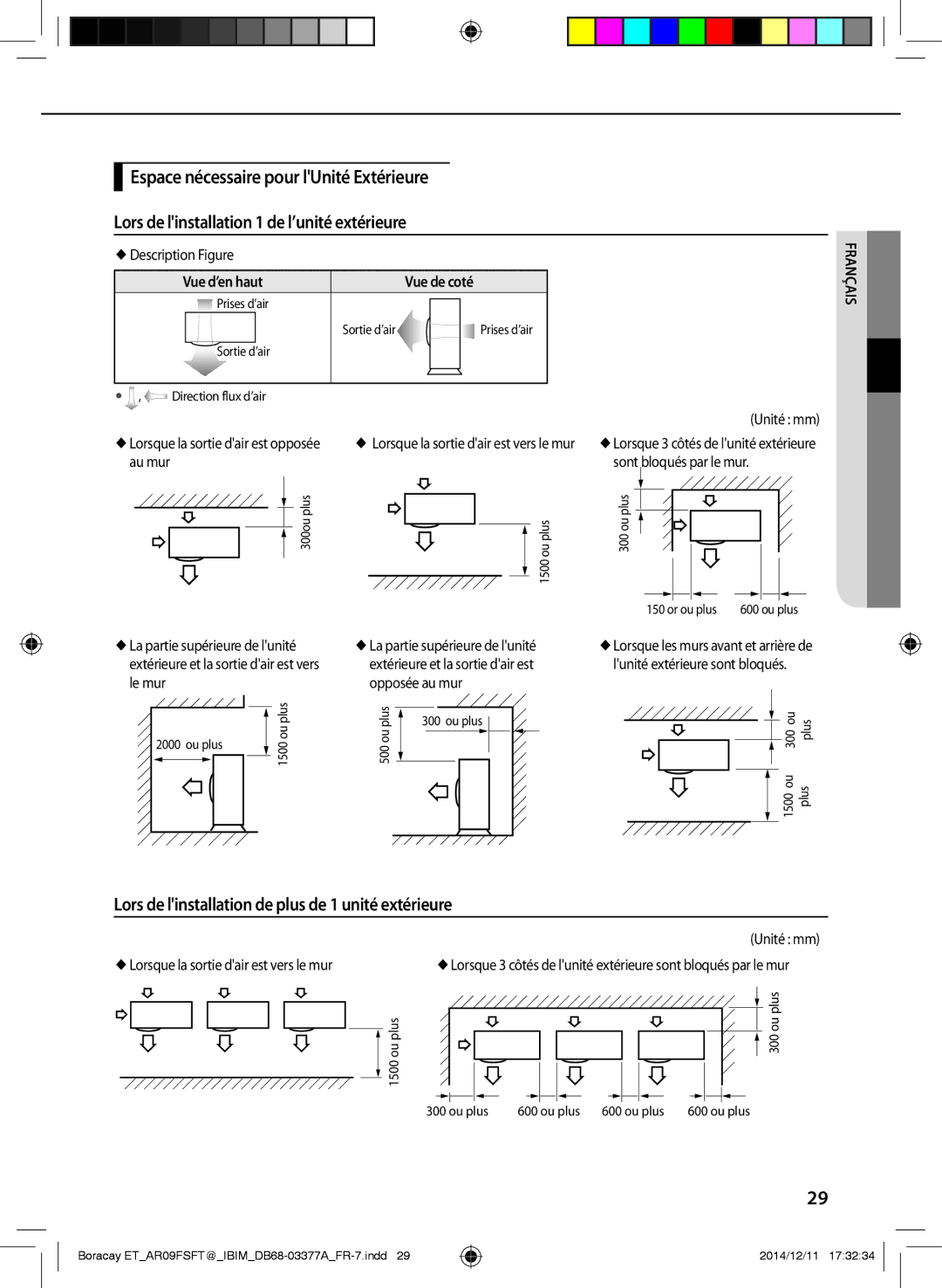 Samsung AR12FSFTJWQNET, AR09FSFTKWQNET manual Lors de linstallation de plus de 1 unité extérieure, Vue d’en haut Vue de coté 