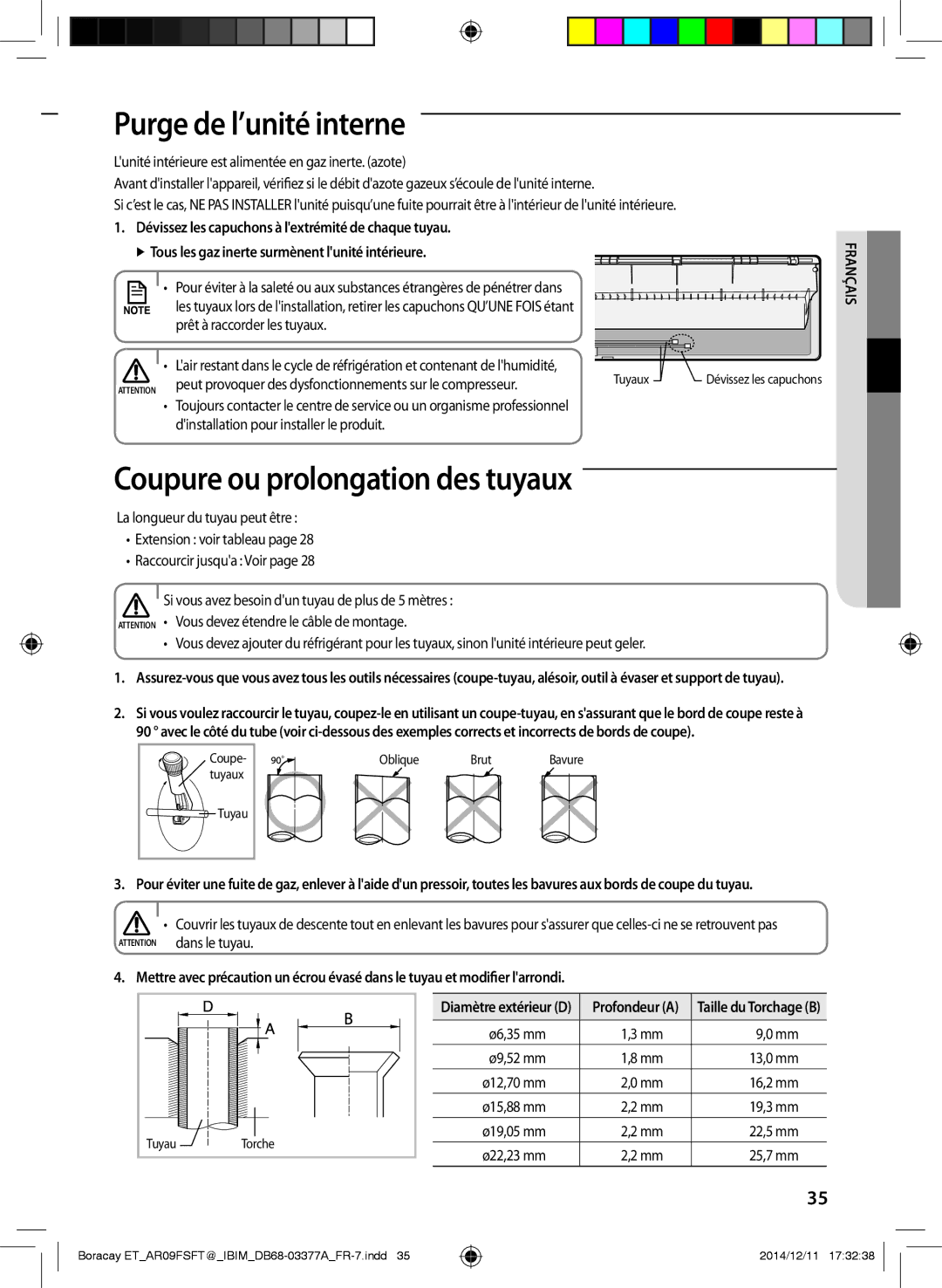 Samsung AR12FSFTJWQNET, AR09FSFTKWQNET, AR12FSFTKWQNET manual Purge de l’unité interne, Coupure ou prolongation des tuyaux 