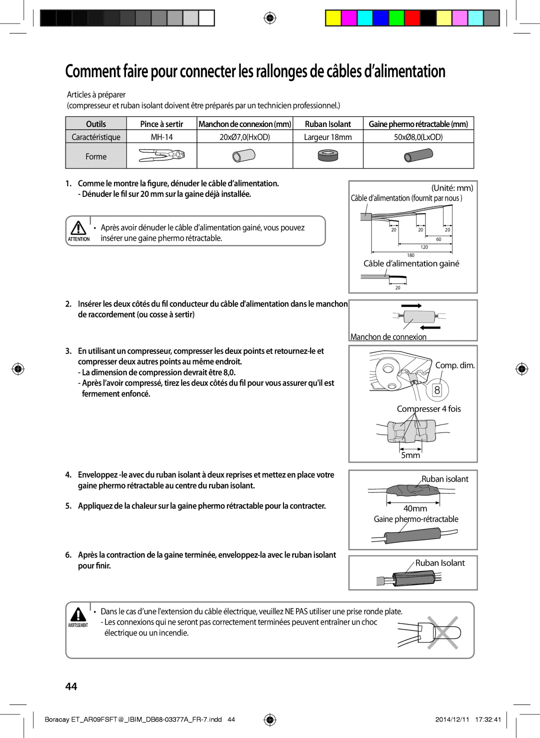 Samsung AR12FSFTJWQNET manual Ruban Isolant, Manchon de connexion, Compresser deux autres points au même endroit, 40mm 