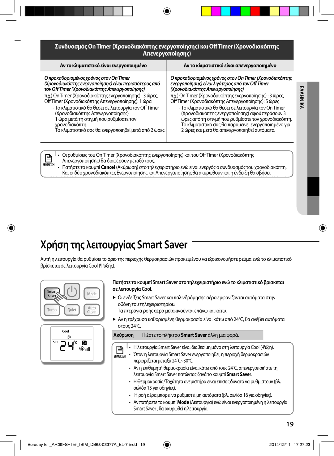 Samsung AR12FSFTKWQNET, AR09FSFTKWQNET, AR12FSFTJWQNET manual Χρήση της λειτουργίας Smart Saver, Περιορίζεται μεταξύ 24C~30C 