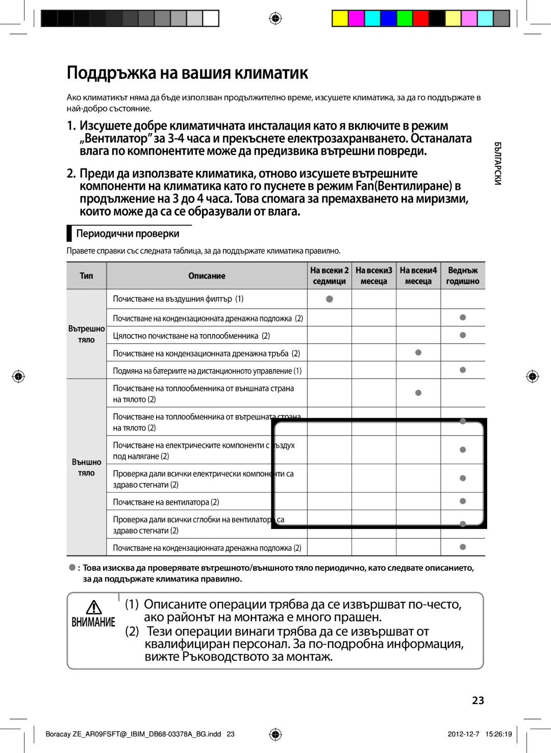 Samsung AR12FSFTKWQNZE, AR09FSFTKWQNZE manual Поддръжка на вашия климатик, Периодични проверки 