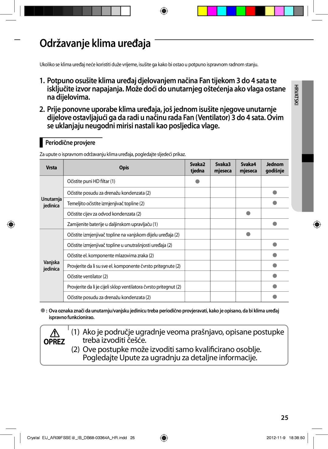 Samsung AR09FSSKABENEU, AR09FSSKABEXEU manual OdržavanjeAA klima uređaja, Treba izvoditi češće, Periodične provjere 