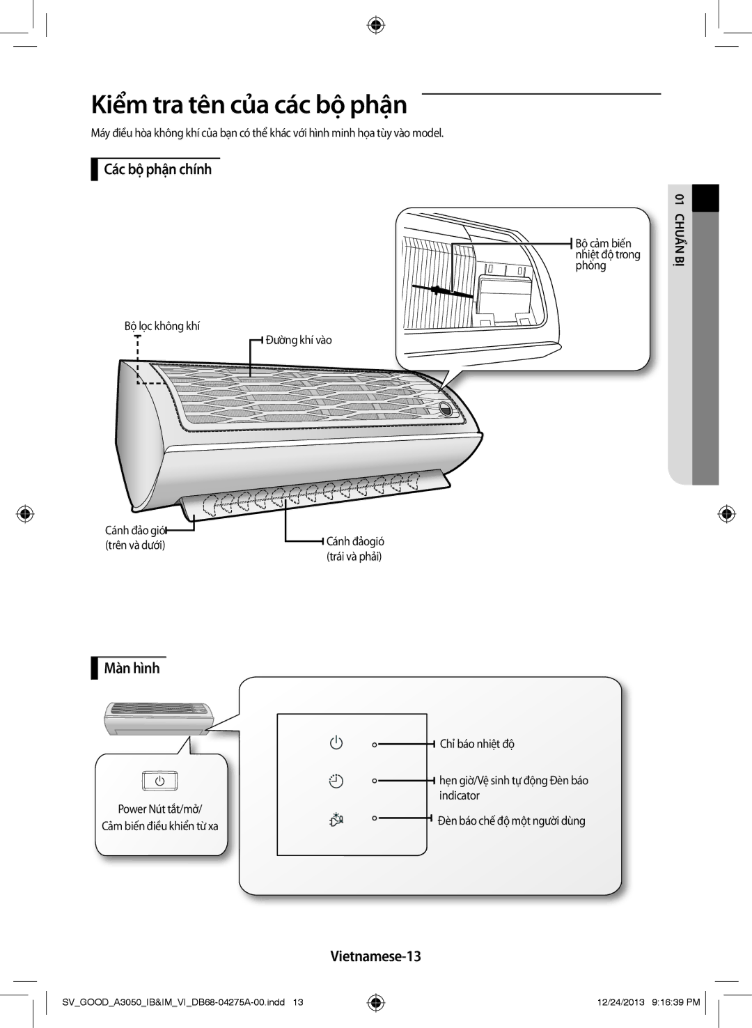 Samsung AR12HCFSSURNSV, AR09HCFNSGMXSV manual Kiểm tra tên của các bộ phận, Các bộ phận chính, Màn hình, Vietnamese-13 