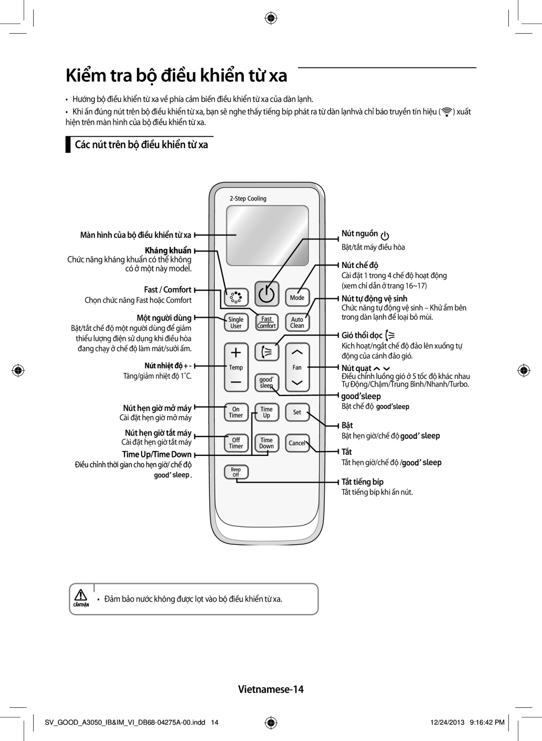 Samsung AR24HPFNSWKXSV, AR09HCFNSGMXSV manual Kiểm tra bộ điều khiển từ xa, Các nút trên bộ điều khiển từ xa, Vietnamese-14 