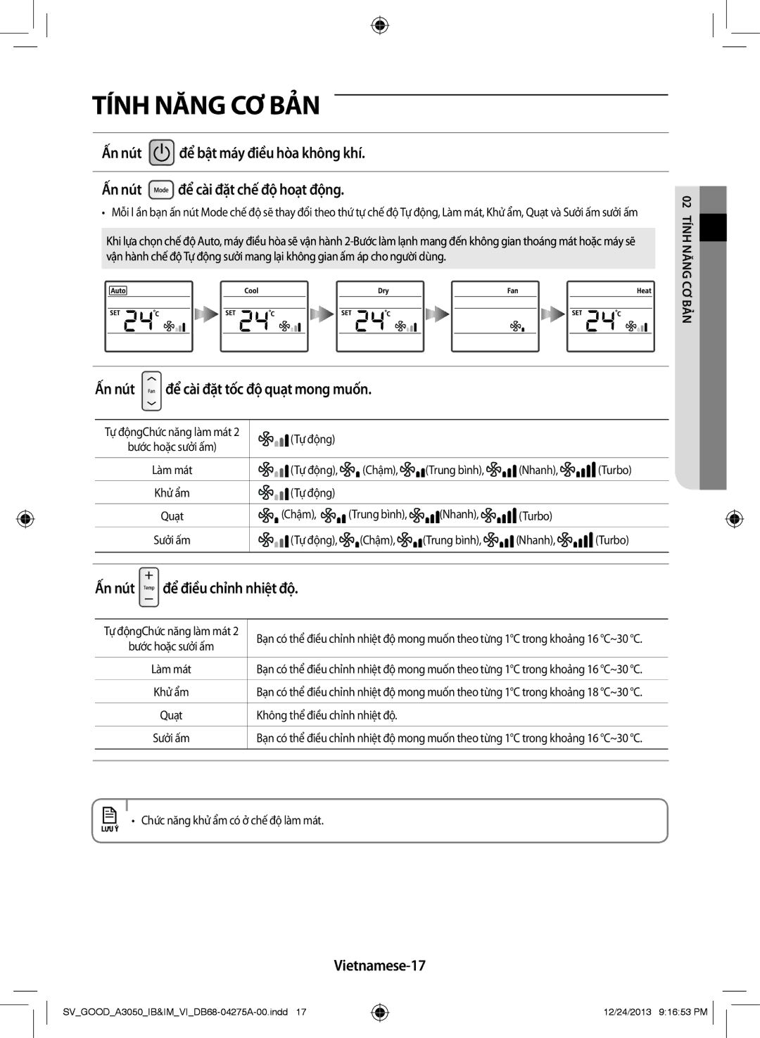 Samsung AR18HCFSSURXSV manual Ấn nút để cài đặt tốc độ quạt mong muốn, Ấn nút để điều chỉnh nhiệt độ, Vietnamese-17 