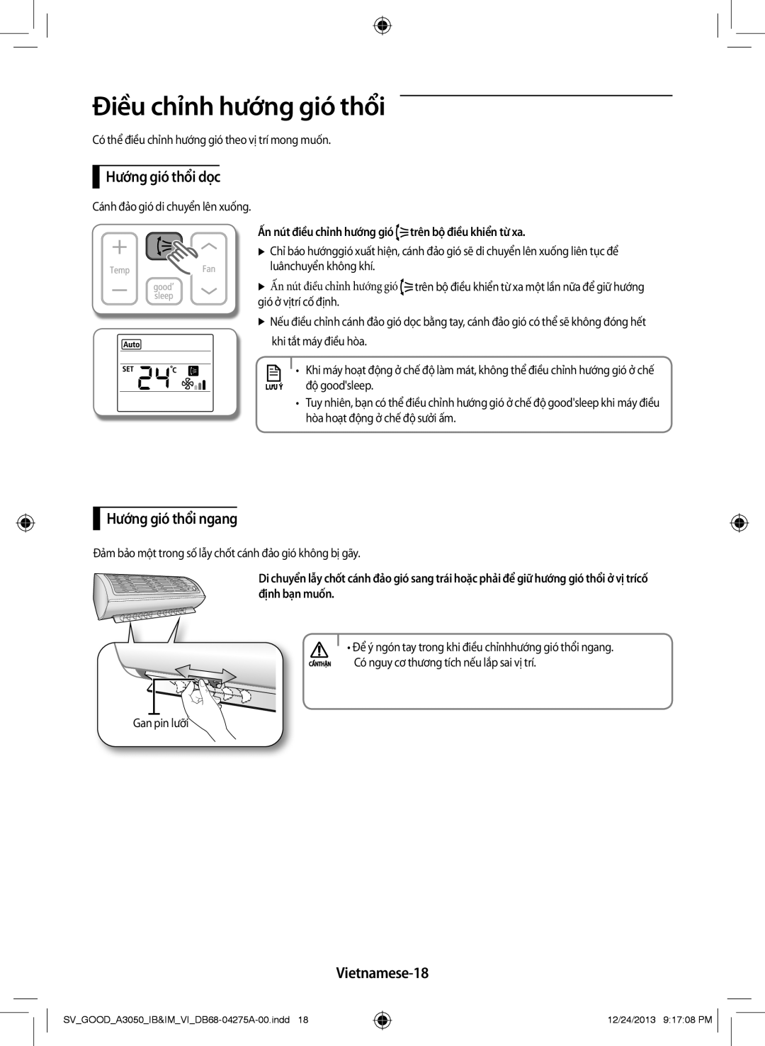Samsung AR24HPFNSWKNSV, AR09HCFNSGMXSV Điều chỉnh hướng gió thổi, Hướng gió thổi dọc, Hướng gió thổi ngang, Vietnamese-18 