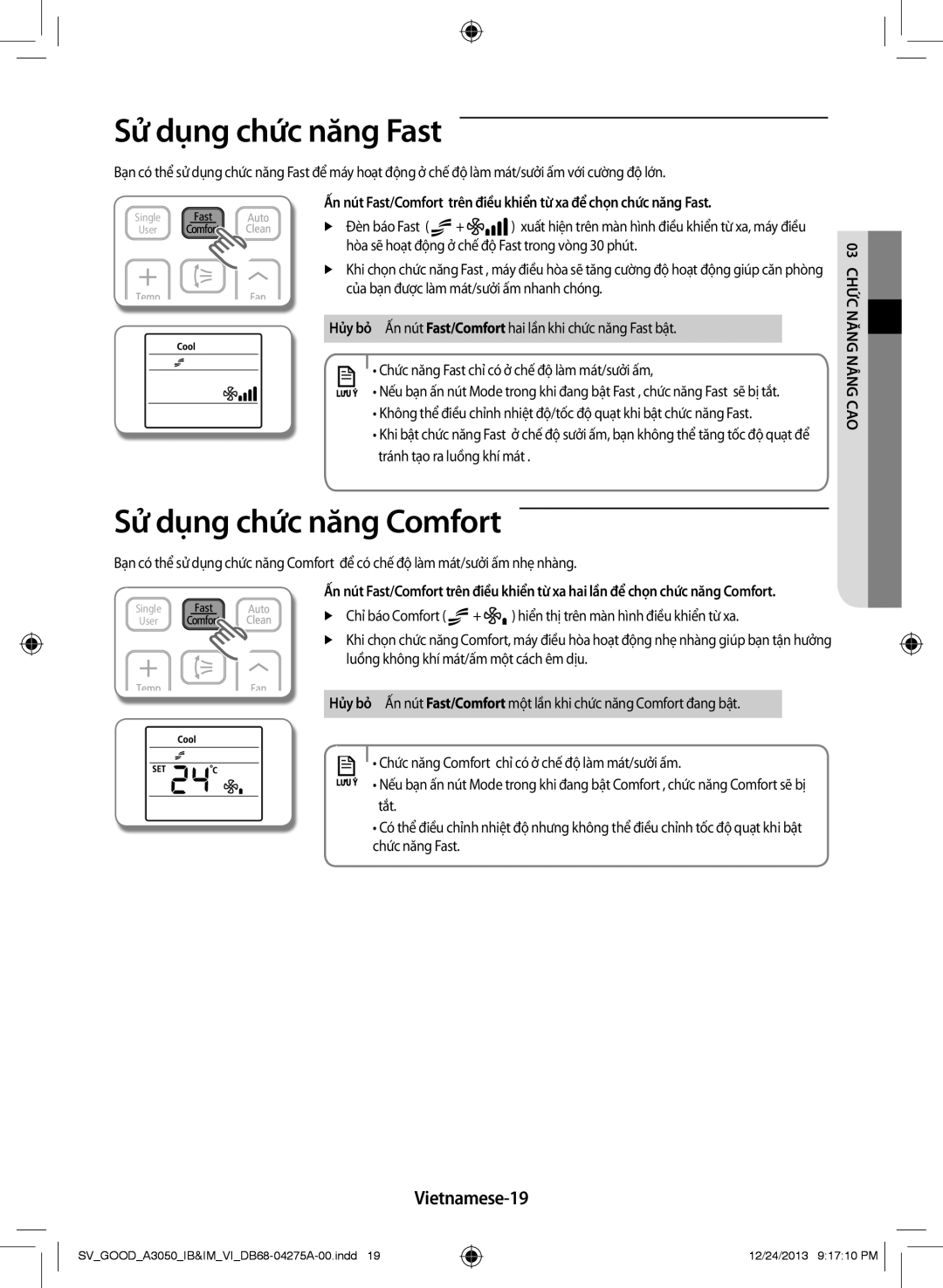 Samsung AR12HCFNSGMXSV, AR09HCFNSGMXSV manual Sử dụng chức năng Fast, Chức năng Comfort chỉ có ở chế độ làm mát/sưởi ấm, Tắt 