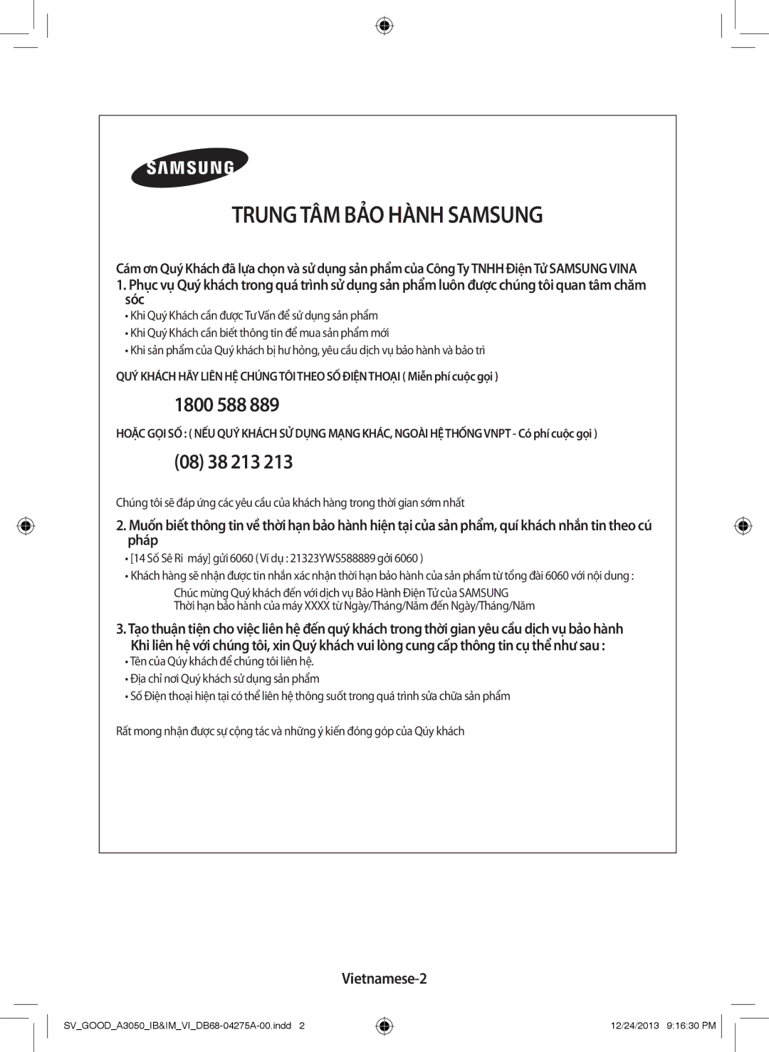 Samsung AR24HPFNSWKNSV, AR09HCFNSGMXSV, AR18HCFSSURXSV, AR12HCFNSGMXSV manual Trung TÂM BẢO Hành Samsung, Vietnamese-2 