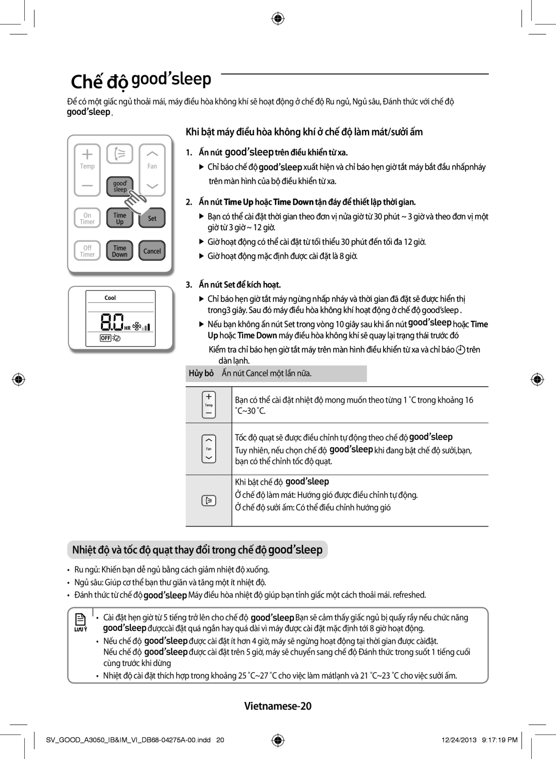 Samsung AR12HPFNSWKNSV, AR09HCFNSGMXSV manual Chế độ, Khi bật máy điều hòa không khí ở chế độ làm mát/sưởi ấm, Vietnamese-20 