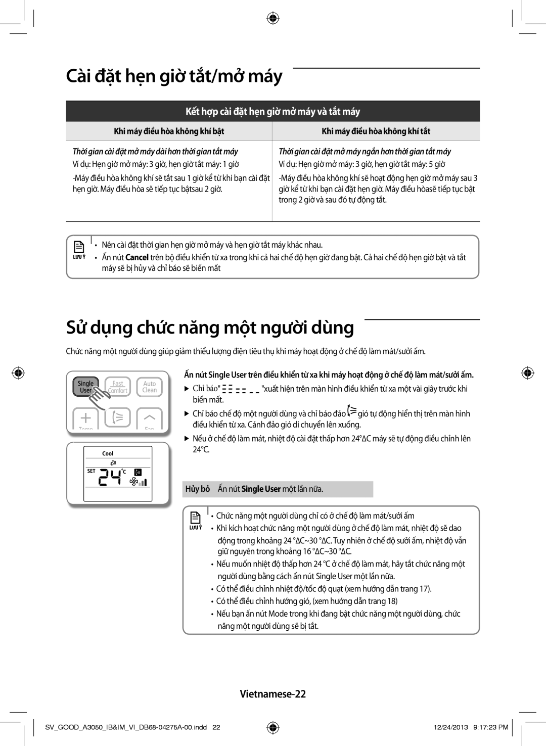 Samsung AR09HPFNSWKNSV Sử dụng chức năng một người dùng, Vietnamese-22, Hẹn giờ. Máy điều hòa sẽ tiếp tục bậtsau 2 giờ 