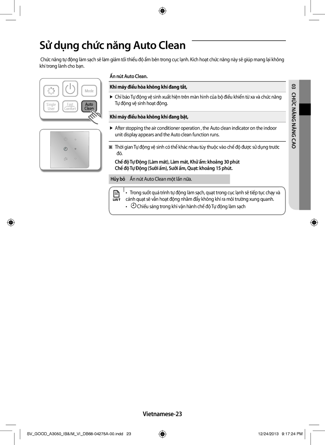 Samsung AR18HCFSSURNSV Sử dụng chức năng Auto Clean, Vietnamese-23, Ấn nút Auto Clean Khi máy điều hòa không khí đang tắt 