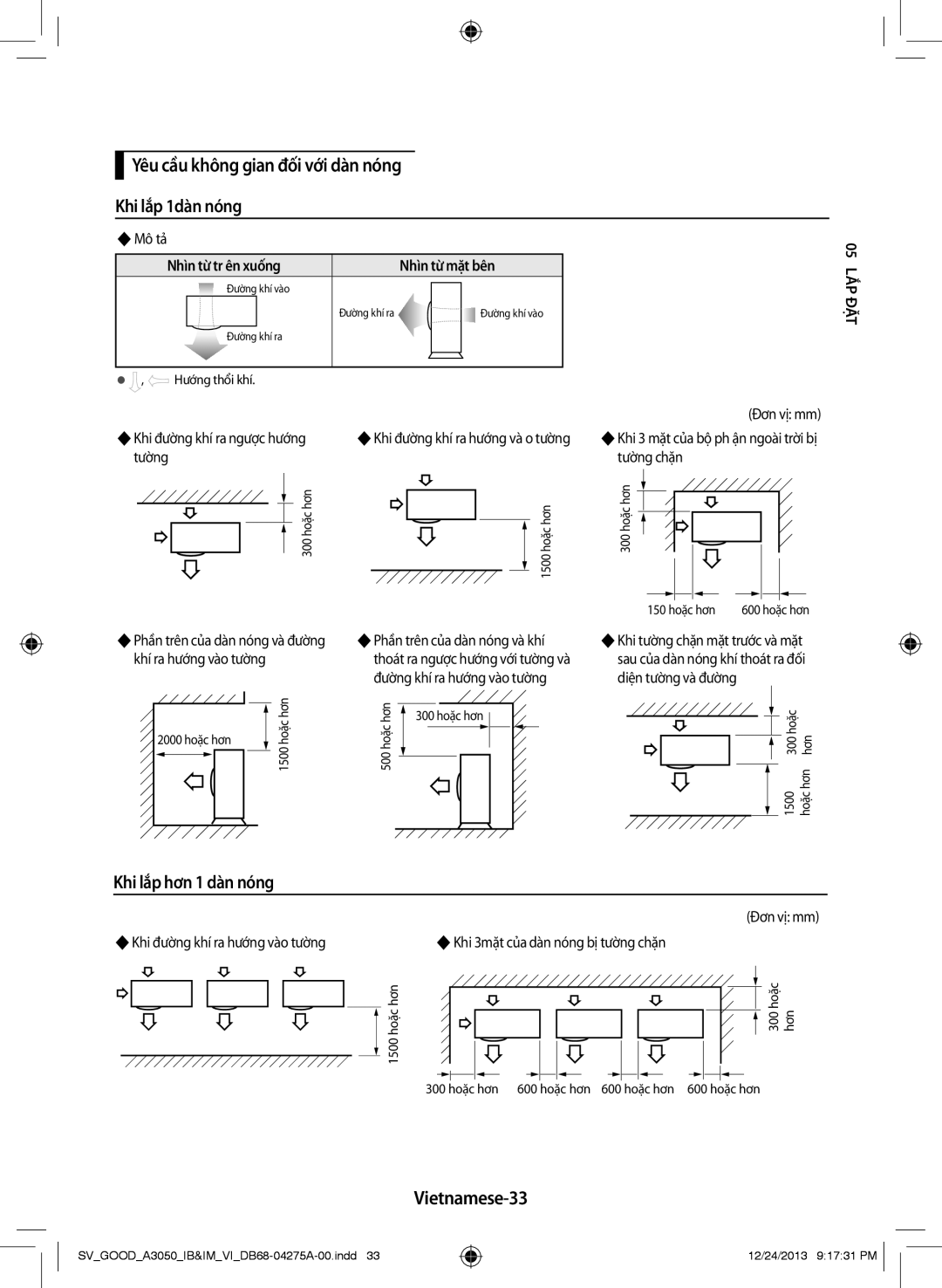 Samsung AR18HCFSSURXSV manual Yêu cầu không gian đối với dàn nóng Khi lắp 1dàn nóng, Khi lắp hơn 1 dàn nóng, Vietnamese-33 