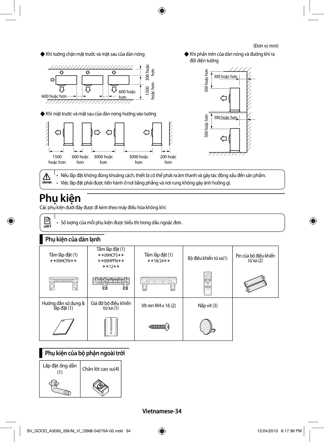 Samsung AR24HPFNSWKNSV, AR09HCFNSGMXSV manual Phụ kiện của dàn lạnh, Phụ kiện của bộ phận ngoài trời, Vietnamese-34 