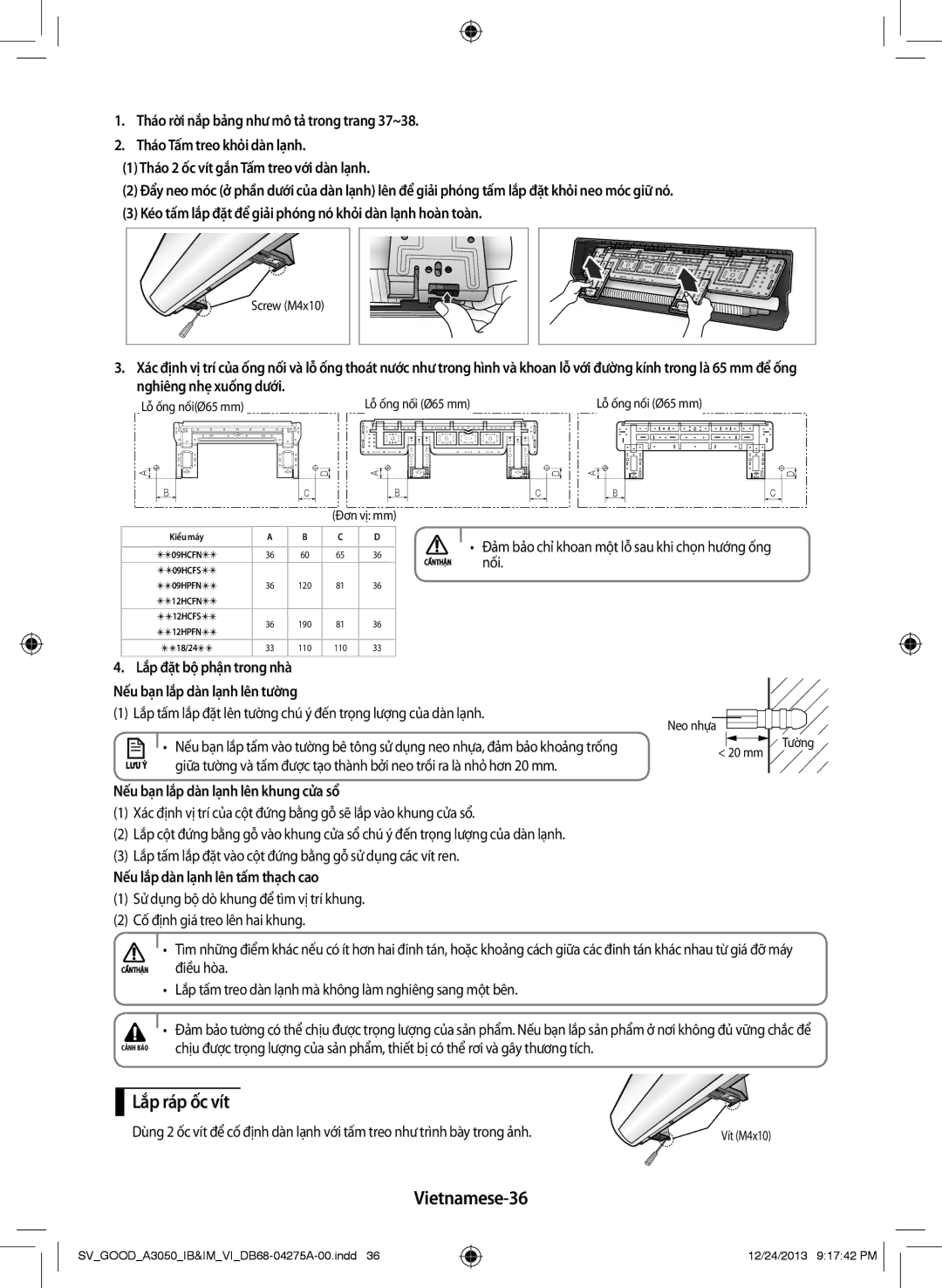 Samsung AR12HPFNSWKNSV, AR09HCFNSGMXSV, AR18HCFSSURXSV, AR24HPFNSWKNSV, AR12HCFNSGMXSV manual Lắp ráp ốc vít, Vietnamese-36 