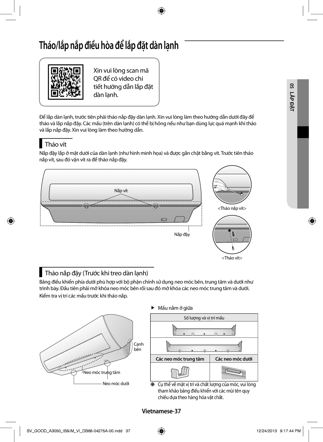 Samsung AR24HCFSSURNSV, AR09HCFNSGMXSV manual Tháo/lắp nắp điều hòa để lắp đặt dàn lạnh, Vietnamese-37, FfMấu nằm ở giữa 