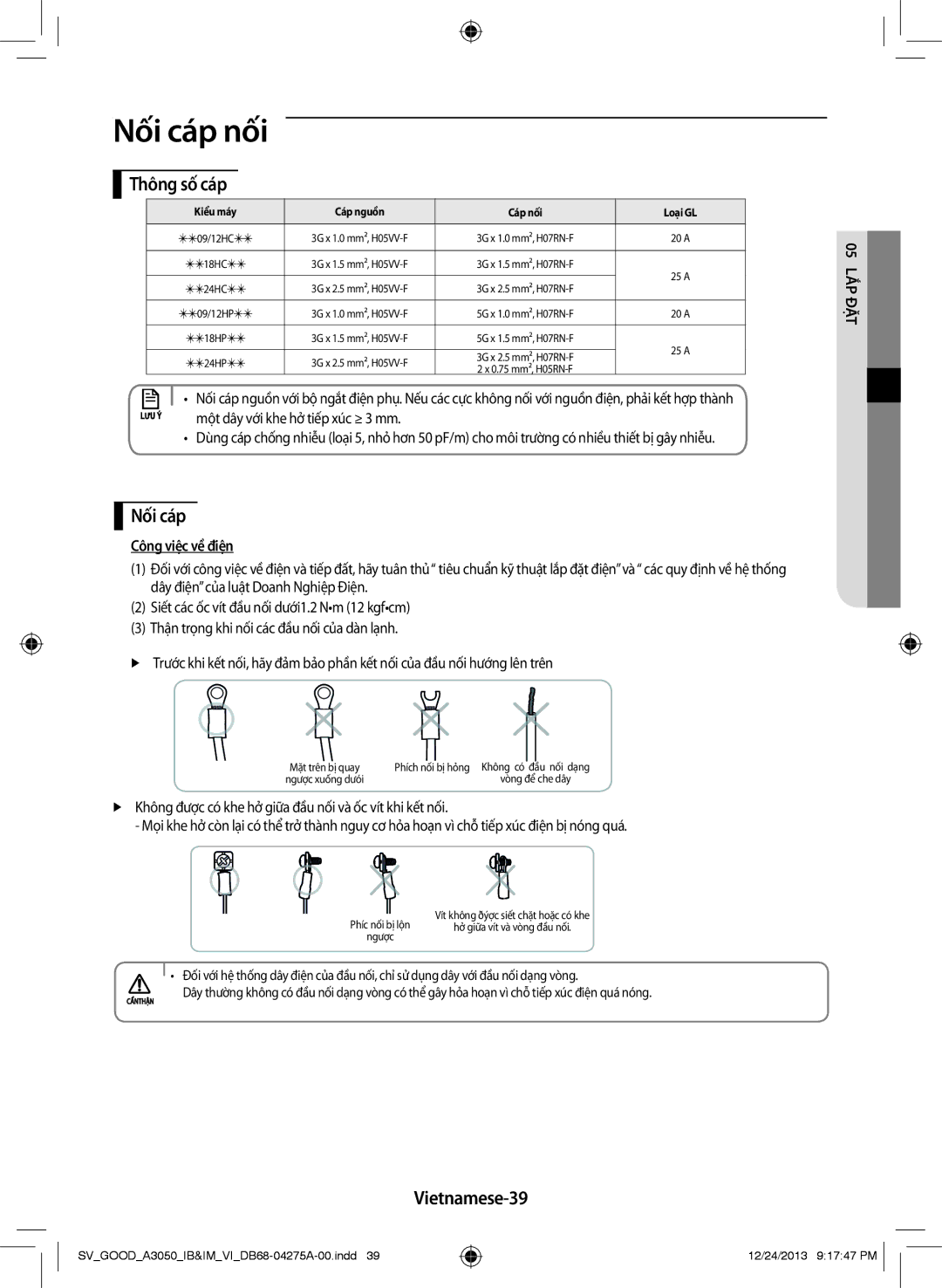 Samsung AR18HCFSSURNSV, AR09HCFNSGMXSV, AR18HCFSSURXSV manual Nối cáp nối, Thông số cáp, Vietnamese-39, Công việc về điện 