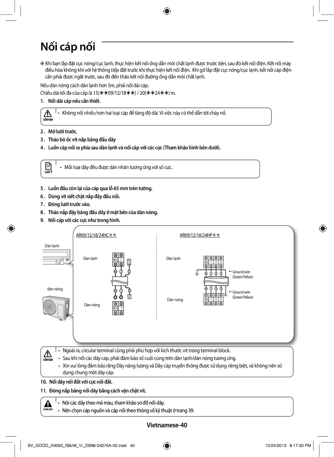 Samsung AR18HPFNSWKNSV manual Vietnamese-40, Nối dài cáp nếu cần thiết, Mỗi loại dây đều được dán nhãn tương ứng với số cực 