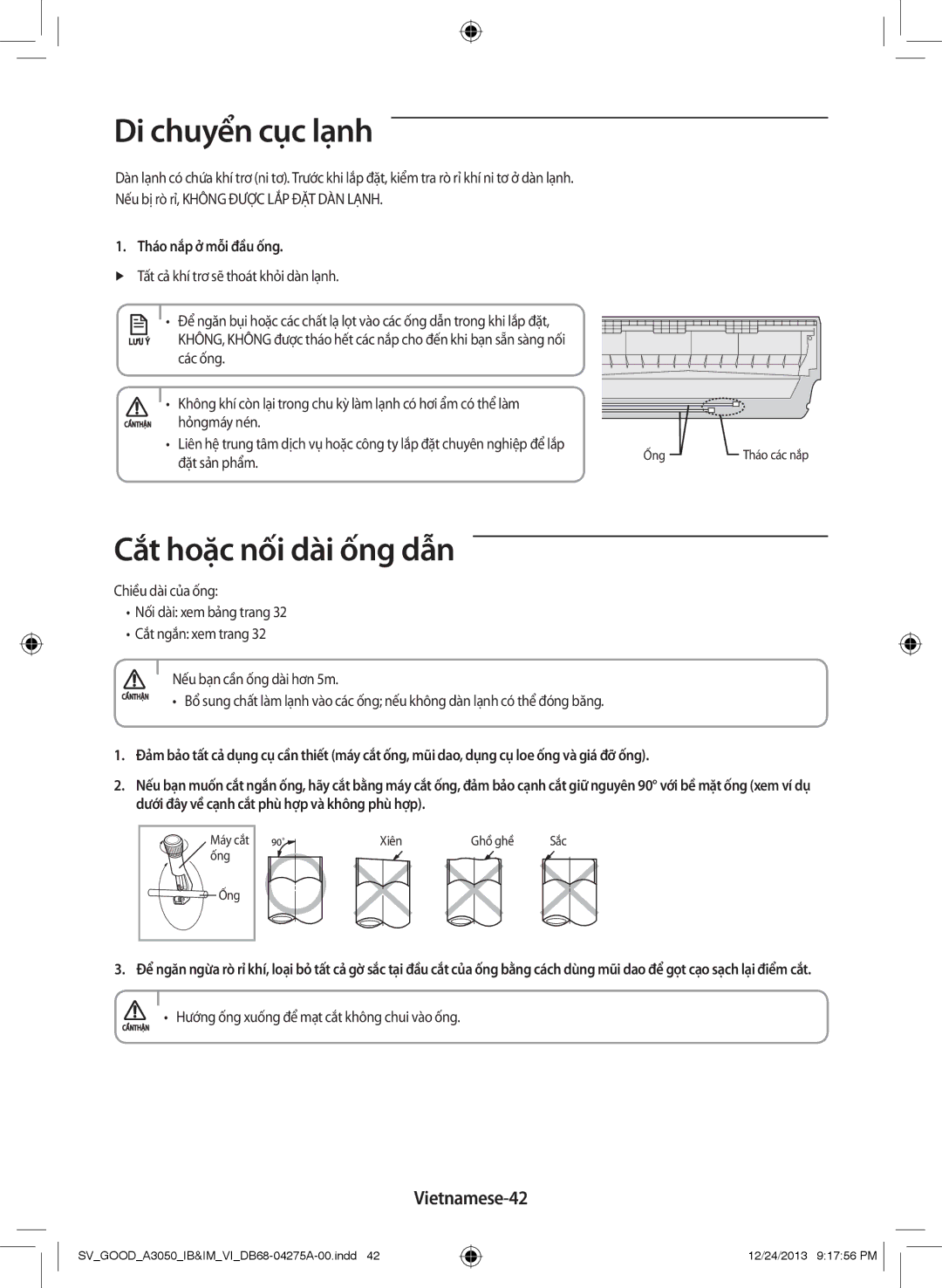 Samsung AR12HCFNSGMNSV, AR09HCFNSGMXSV Di chuyển cục lạnh, Cắt hoặc nối dài ống dẫn, Vietnamese-42, Tháo nắp ở mỗi đầu ống 